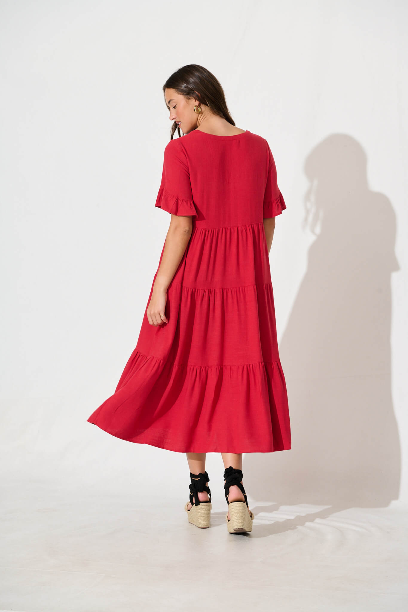 Kristen Midi Smock Dress In Red Linen Blend