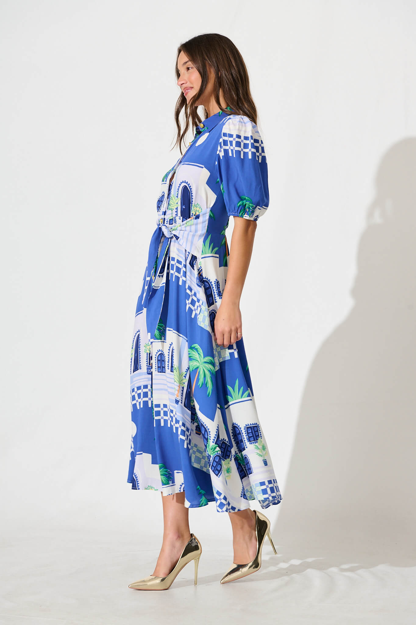 Bella Maxi Shirt Dress in Blue with White Print