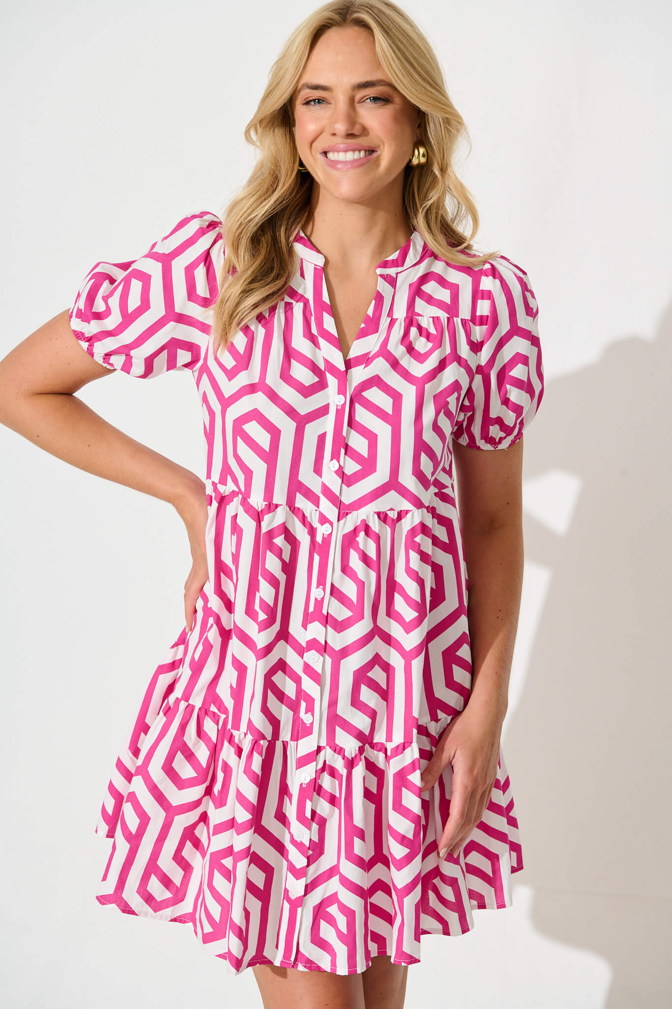 Yahaira Smock Dress in White with Pink Geometric Cotton
