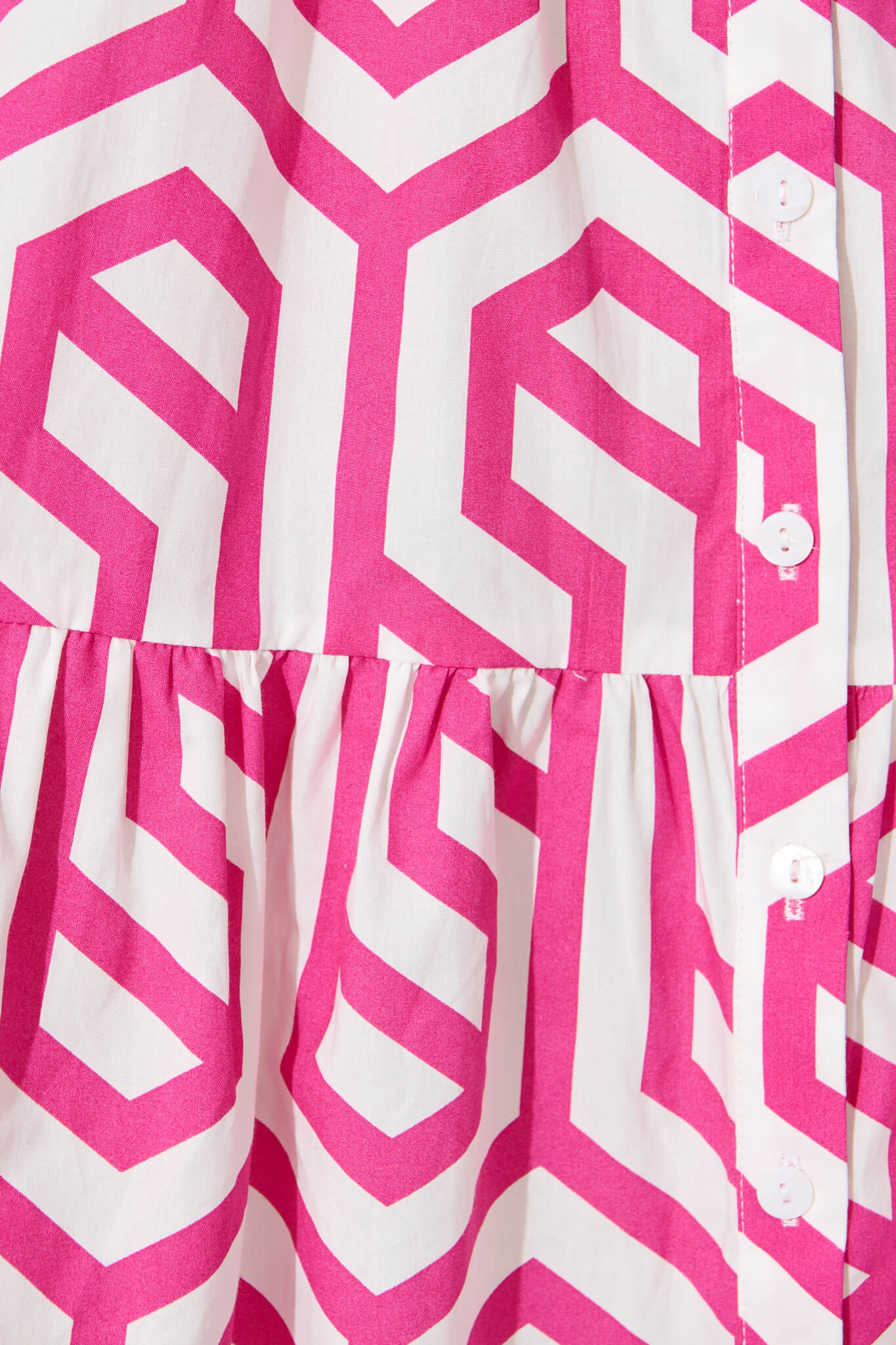 Yahaira Smock Dress in White with Pink Geometric Cotton