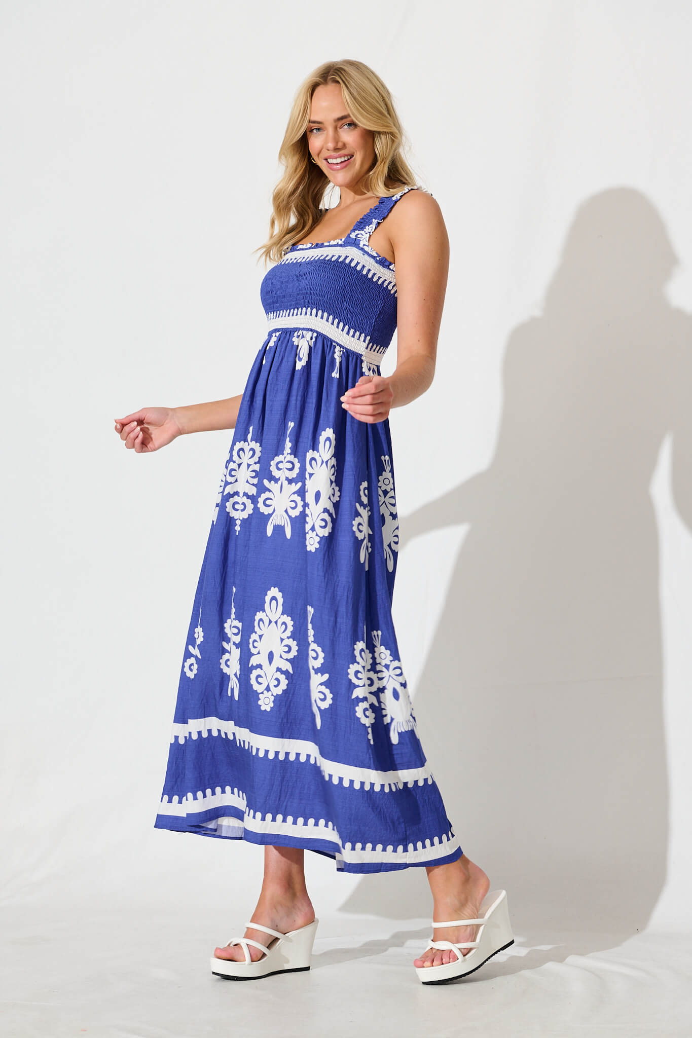 Evanston Maxi Dress In Blue With White Print