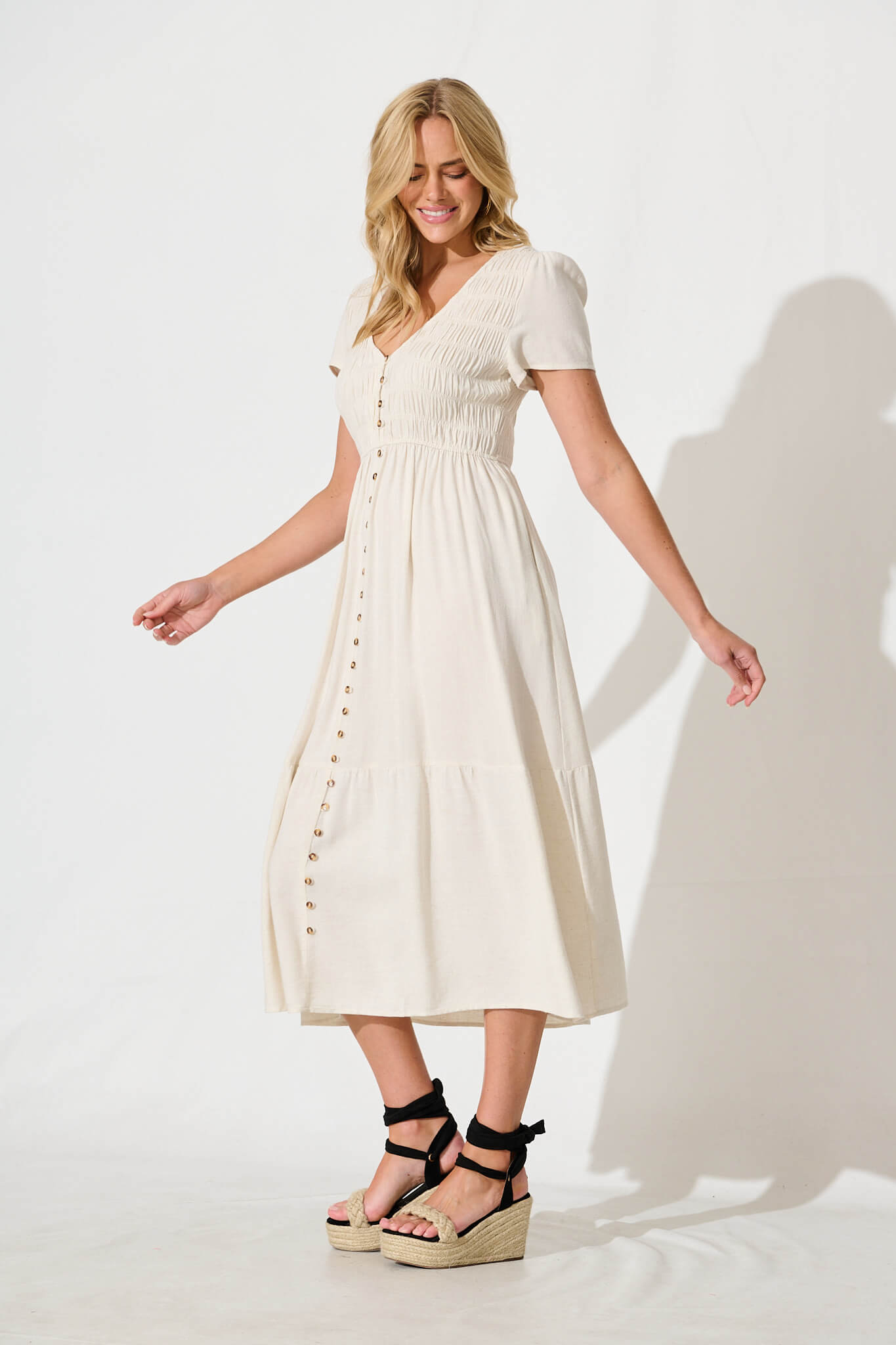 Zenith Midi Dress in Oatmeal Linen Blend