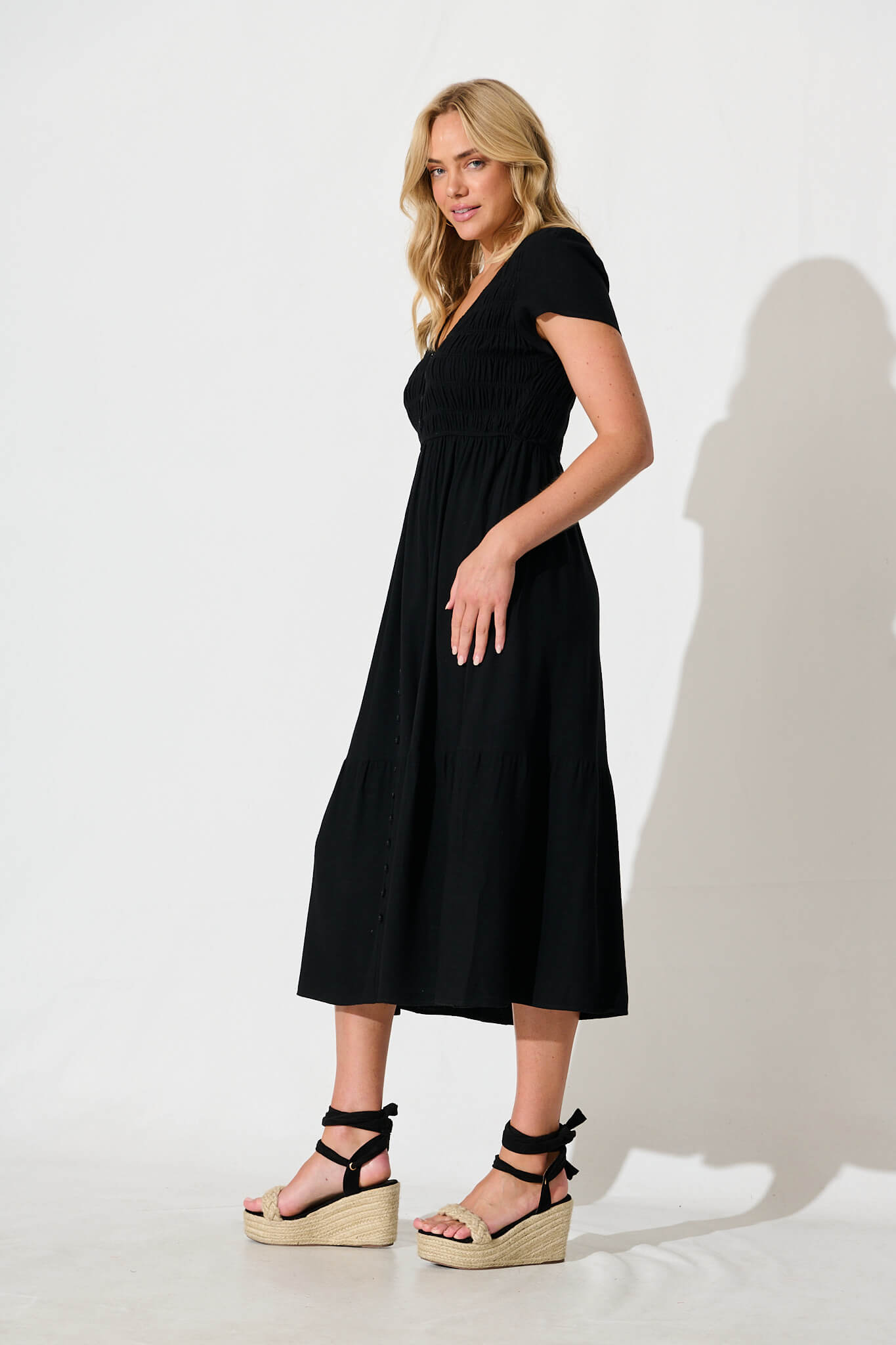 Zenith Midi Dress in Black Linen Blend