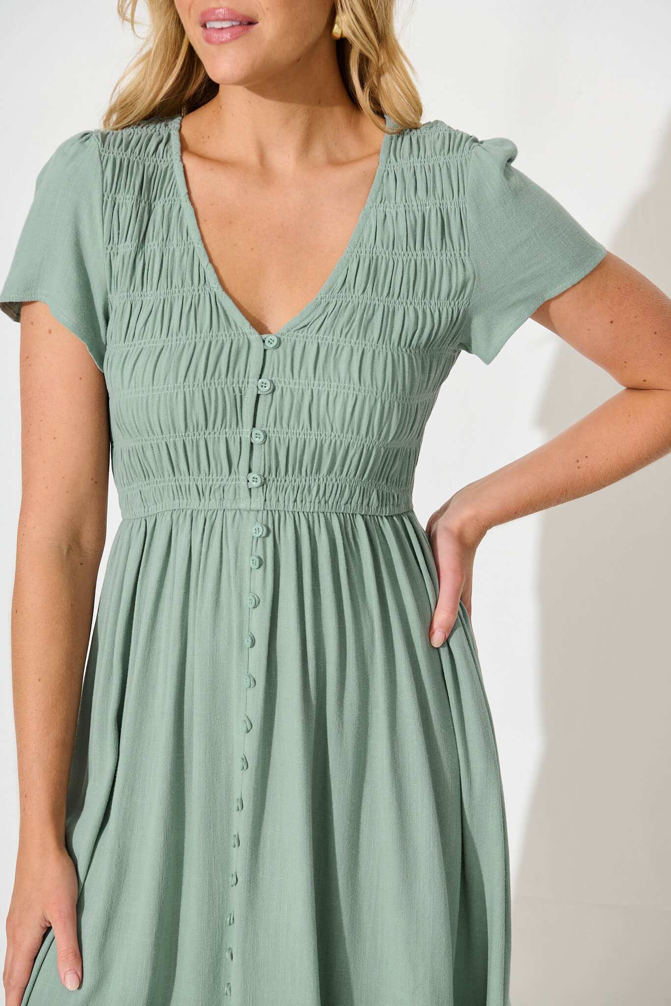 Zenith Midi Dress in Sage Green Linen Bend