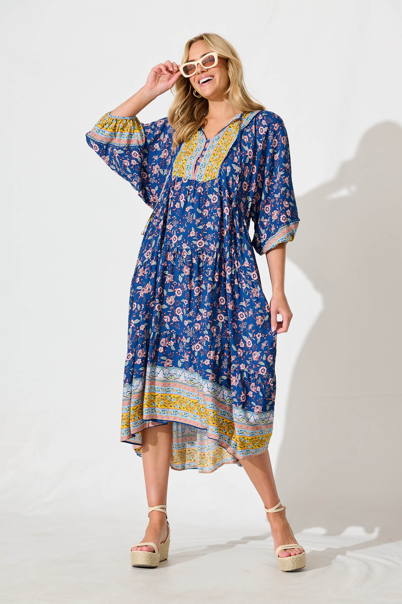 Barrymore Midi Smock Dress in Cobalt with Multi Print