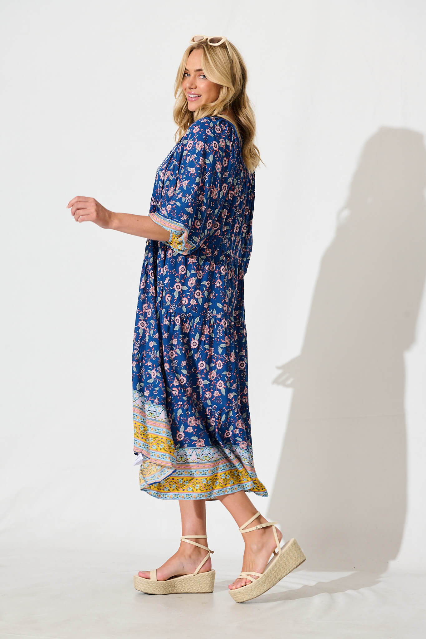 Barrymore Midi Smock Dress in Cobalt with Multi Print