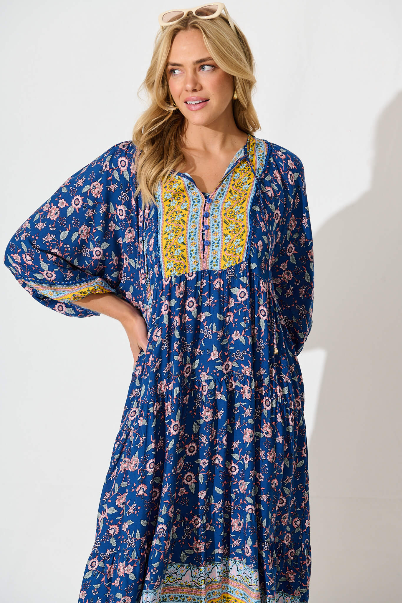 Barrymore Midi Smock Dress in Cobalt with Multi Print