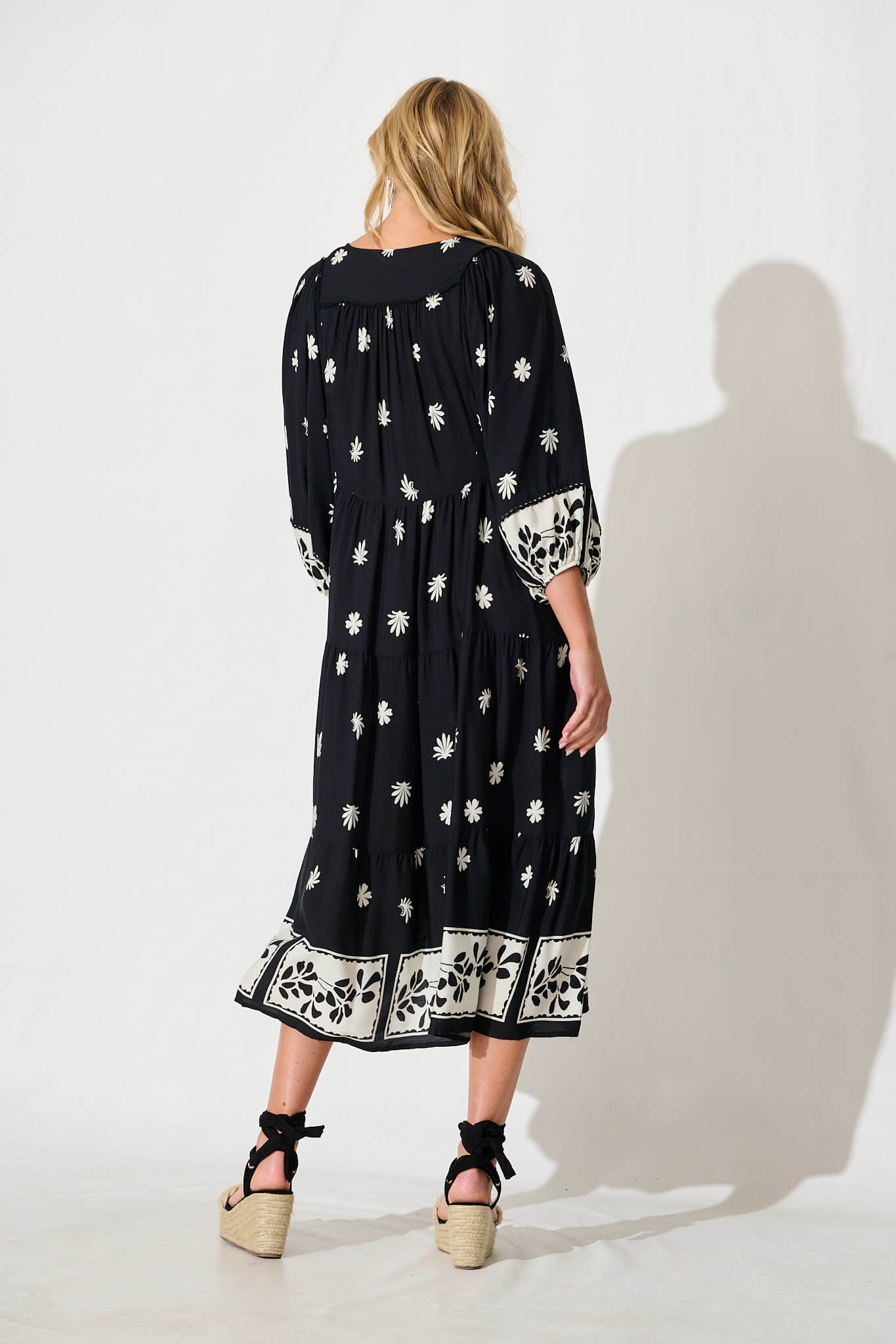 Barrymore Midi Smock Dress in Black with Cream Print