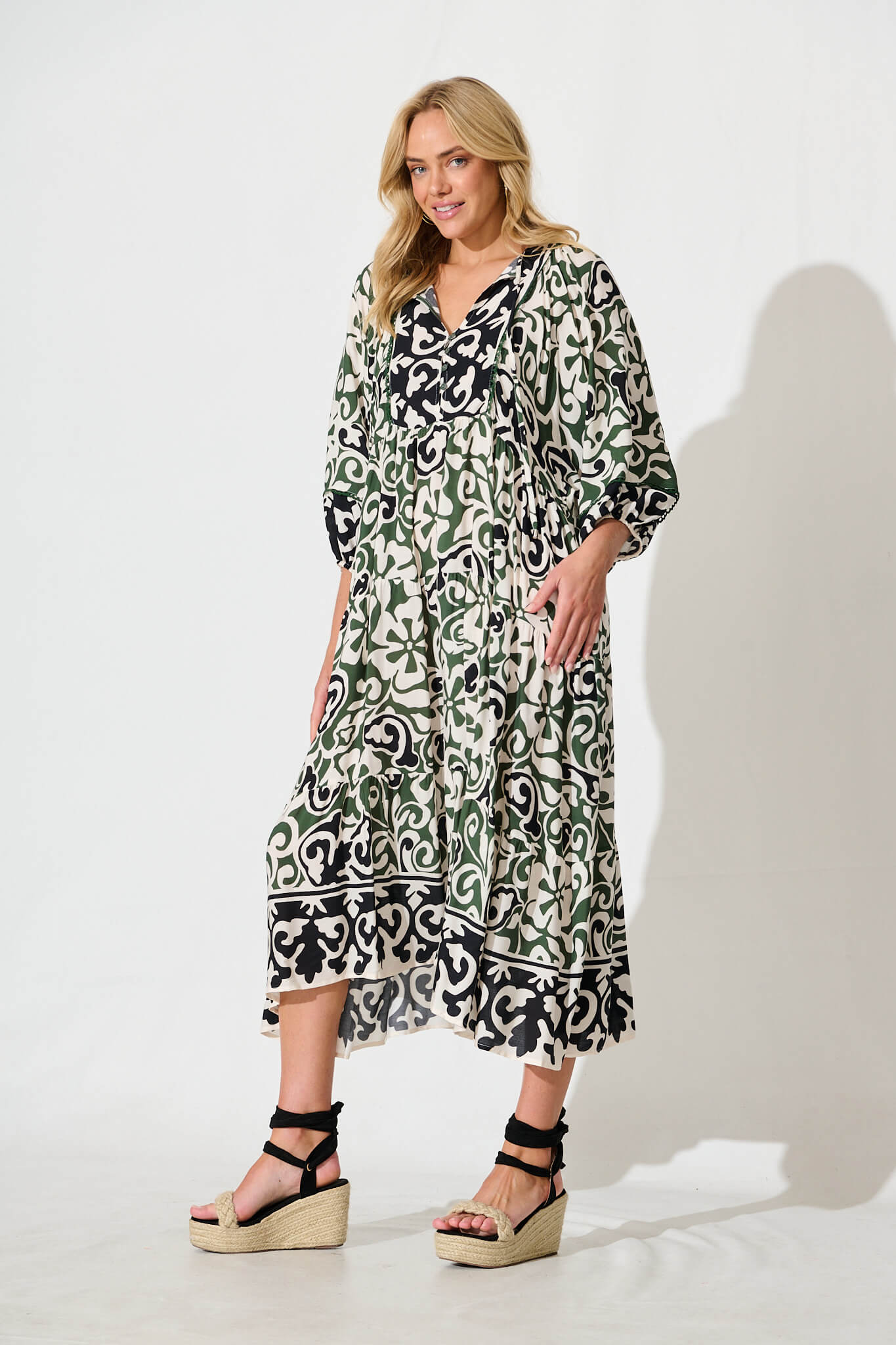 Barrymore Midi Smock Dress in Black and Green Print