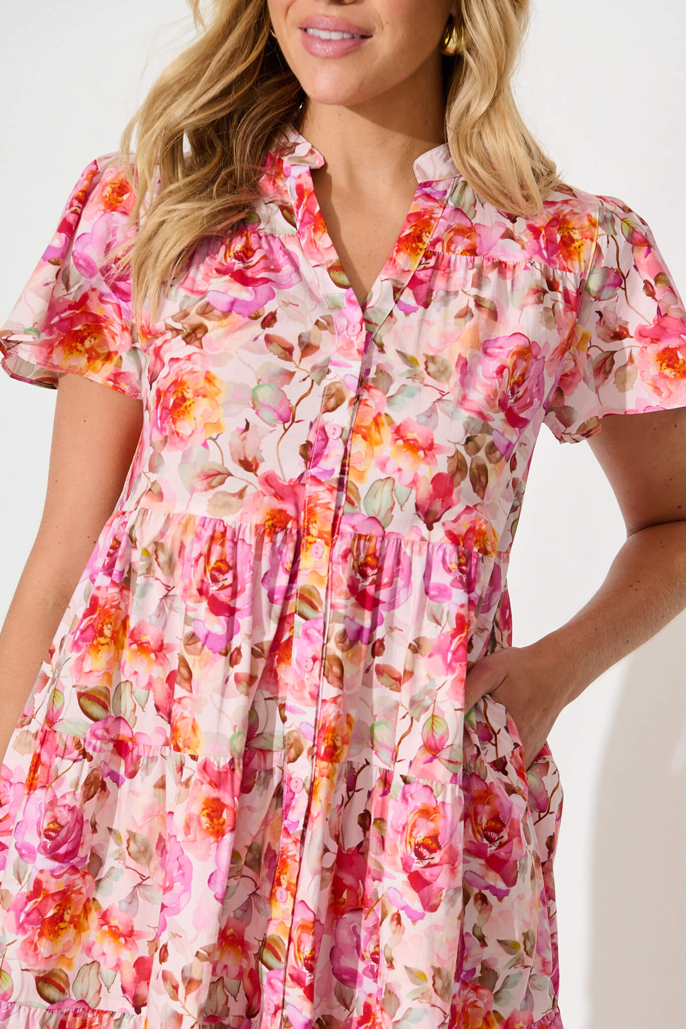 Saldana Smock Dress In Pink with Purple Floral Cotton