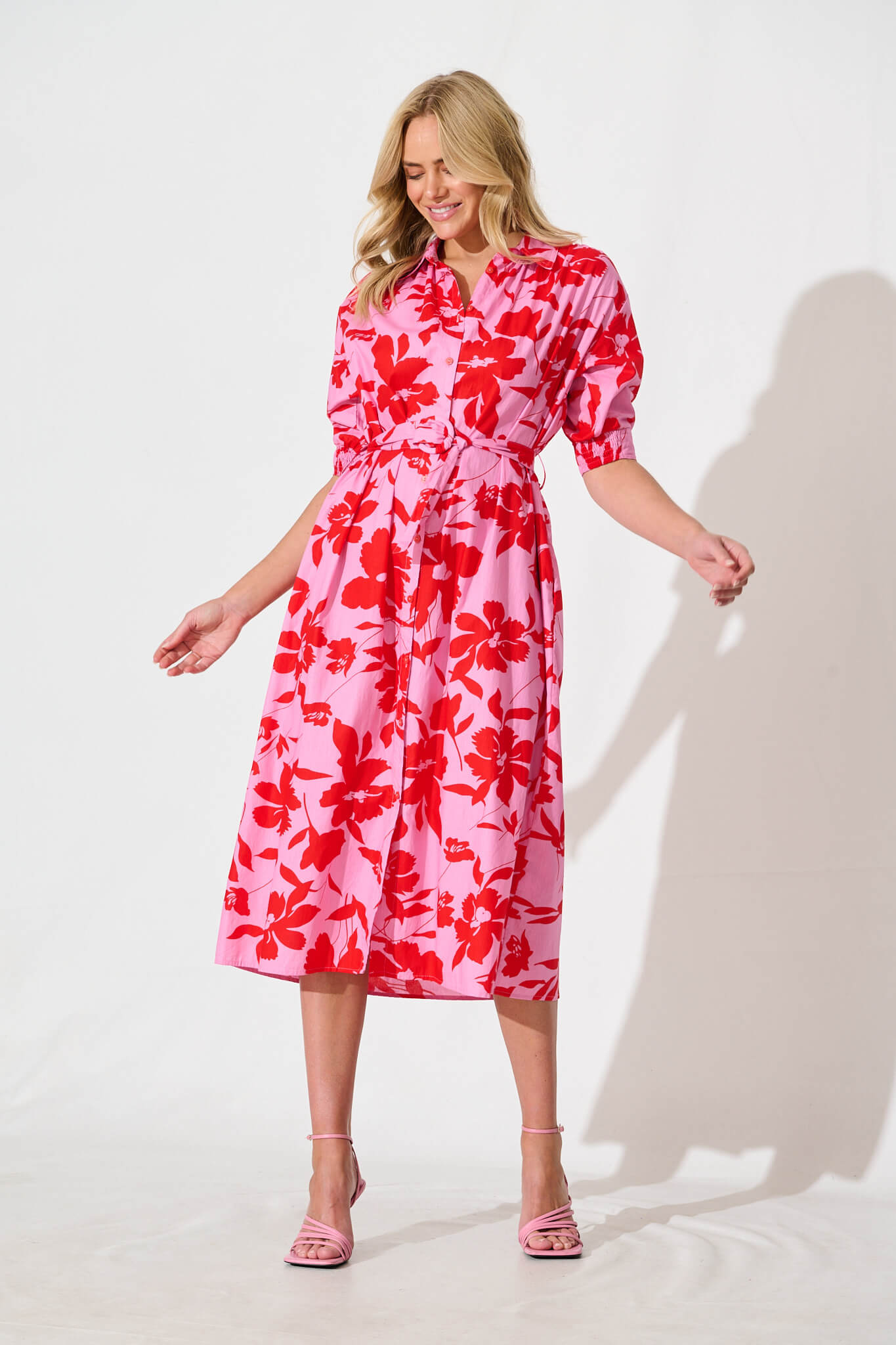 Scottdale Midi Shirt Dress in Pink with Red Floral Cotton