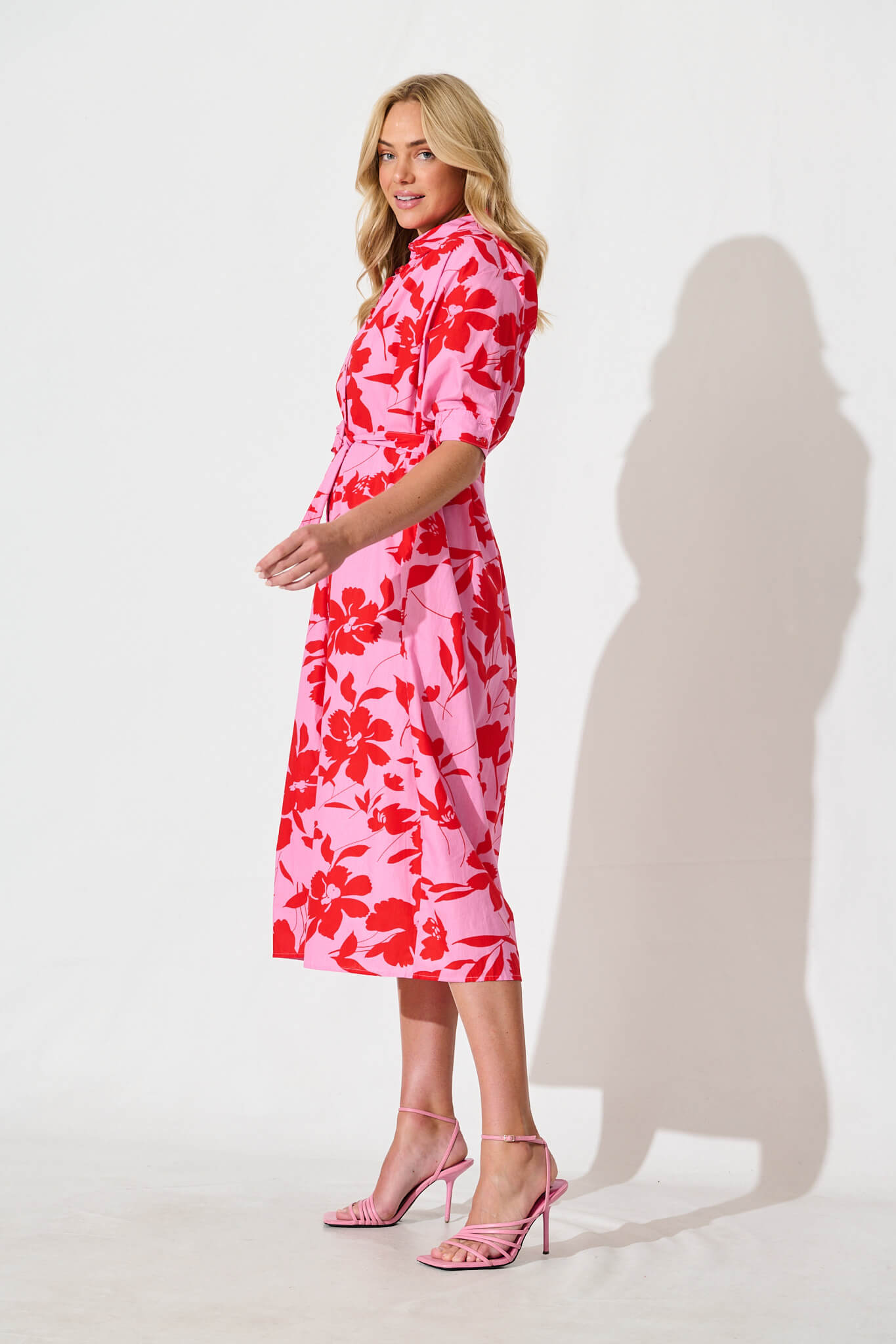 Scottdale Midi Shirt Dress in Pink with Red Floral Cotton