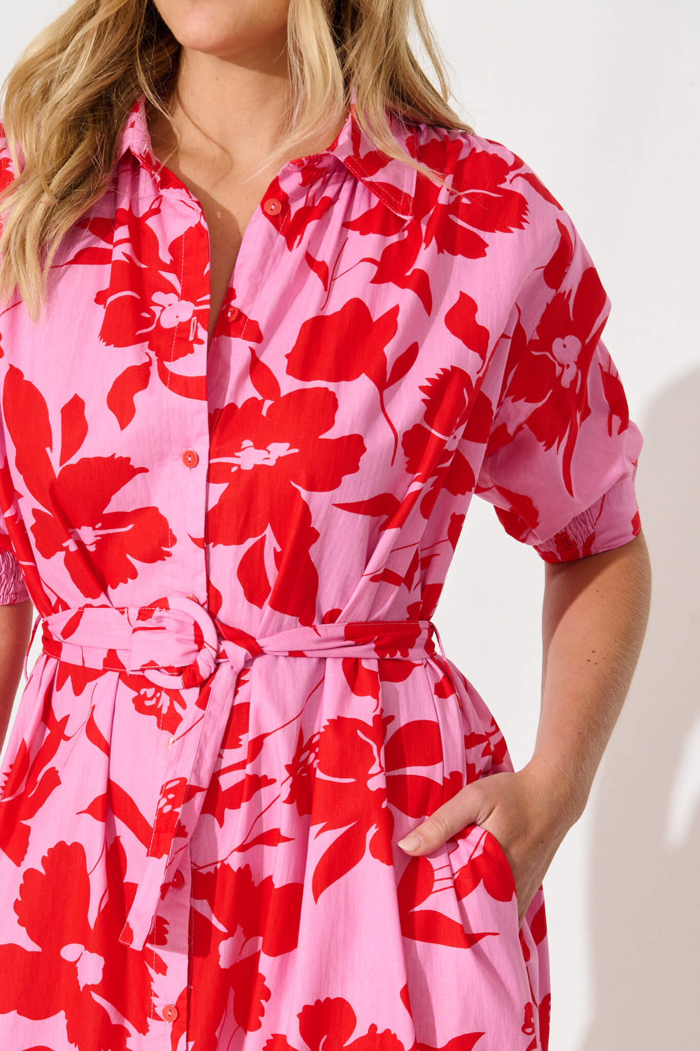 Scottdale Midi Shirt Dress in Pink with Red Floral Cotton