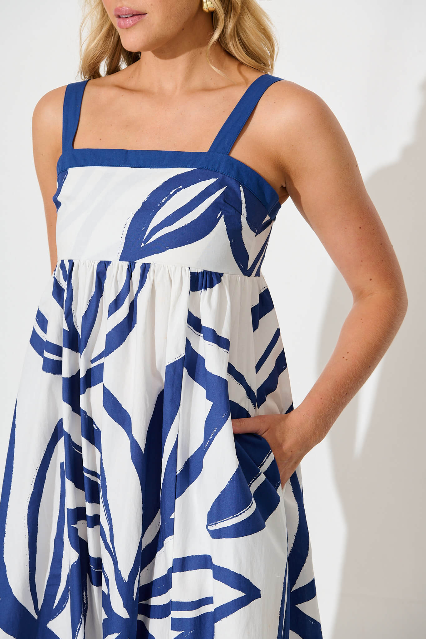 Liandra Maxi Sundress in Blue and White Cotton