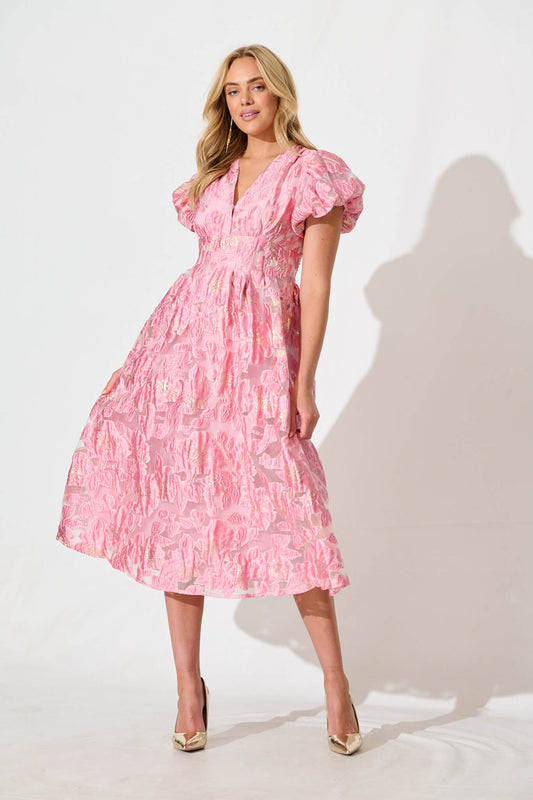 Cherish Midi Dress in Pink Floral Organza Jacquard
