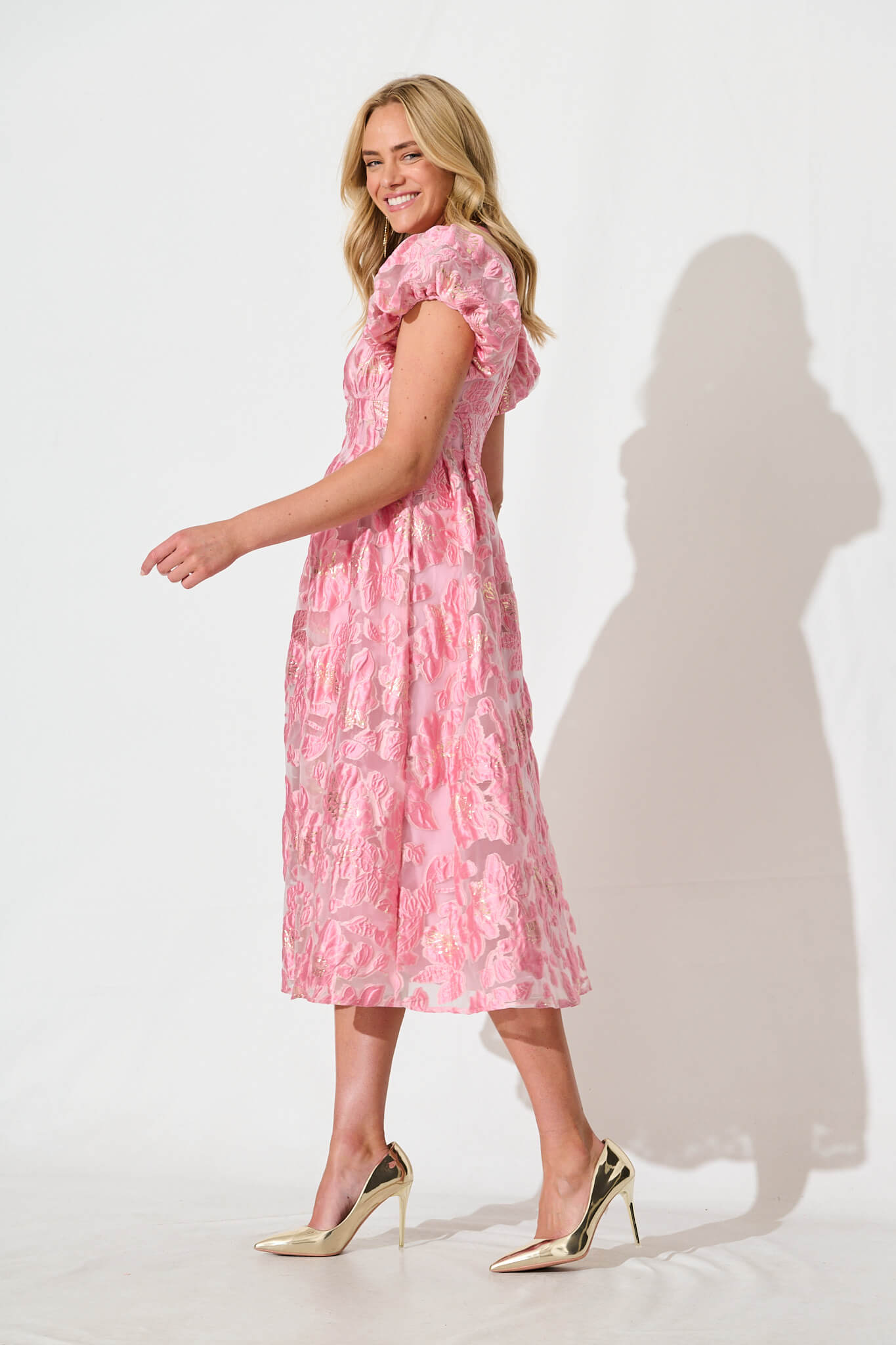 Cherish Midi Dress in Pink Floral Organza Jacquard