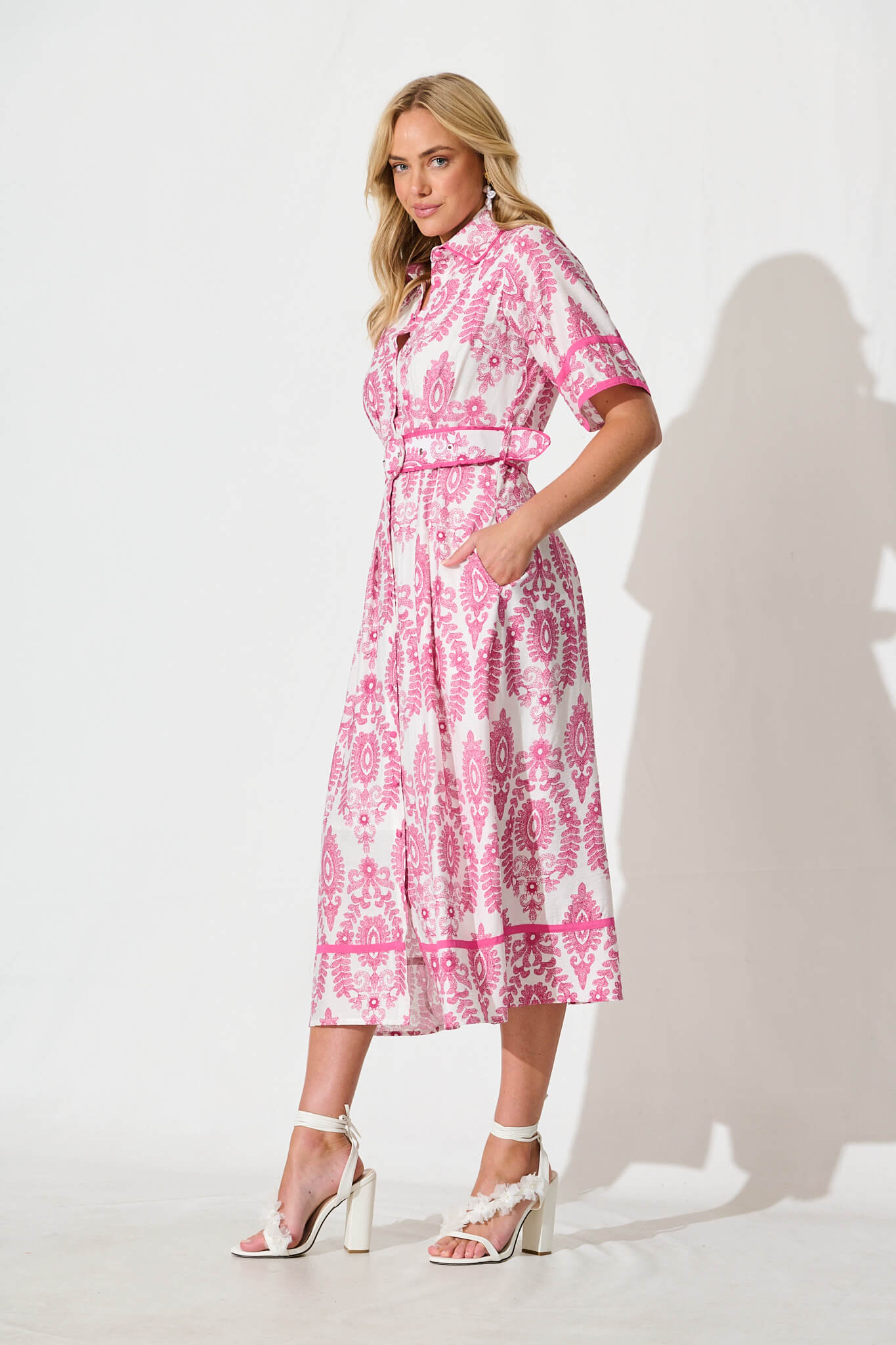 Rosella Midi Shirt Dress in White with Pink Floral Print
