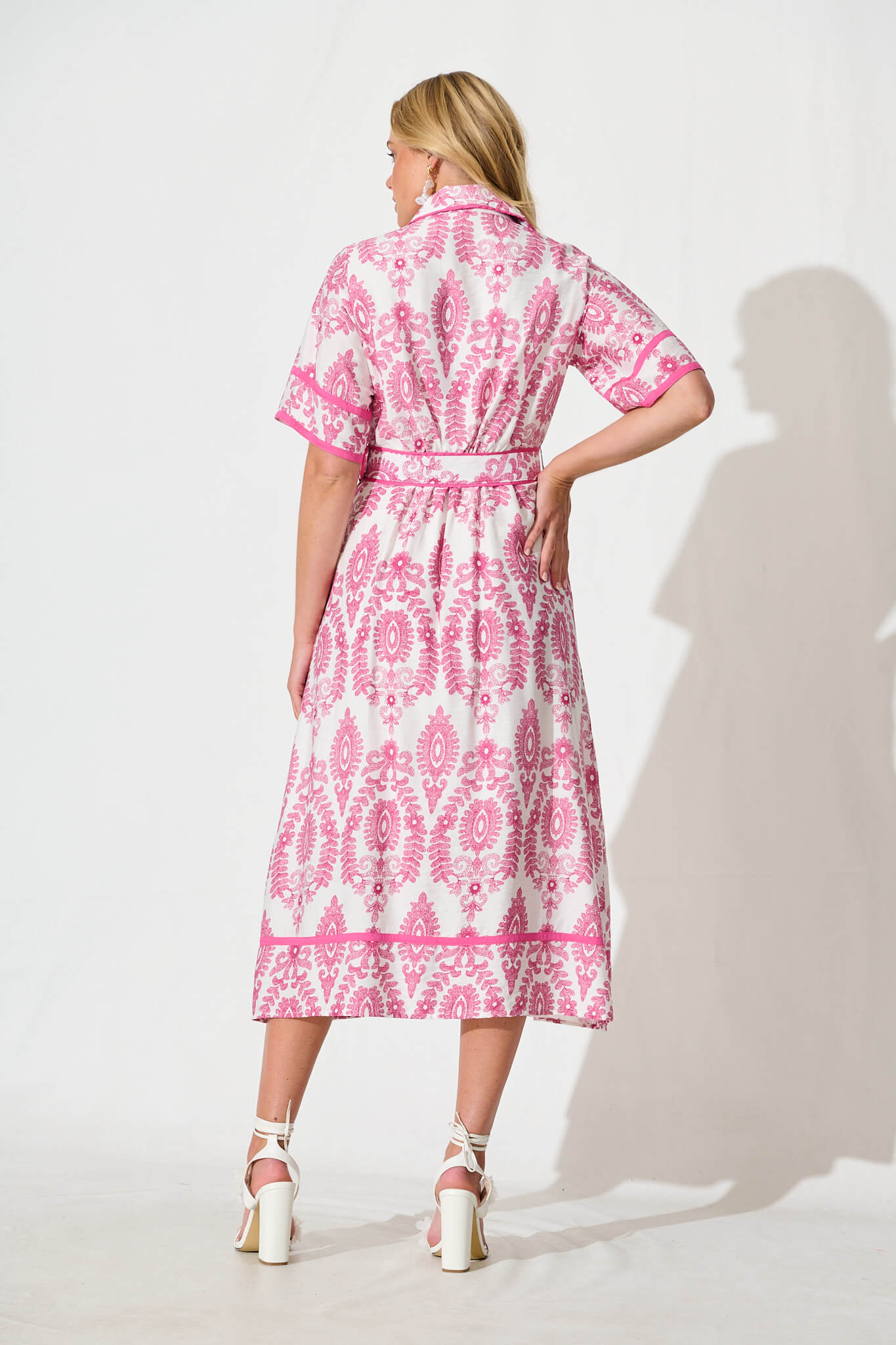 Rosella Midi Shirt Dress in White with Pink Floral Print