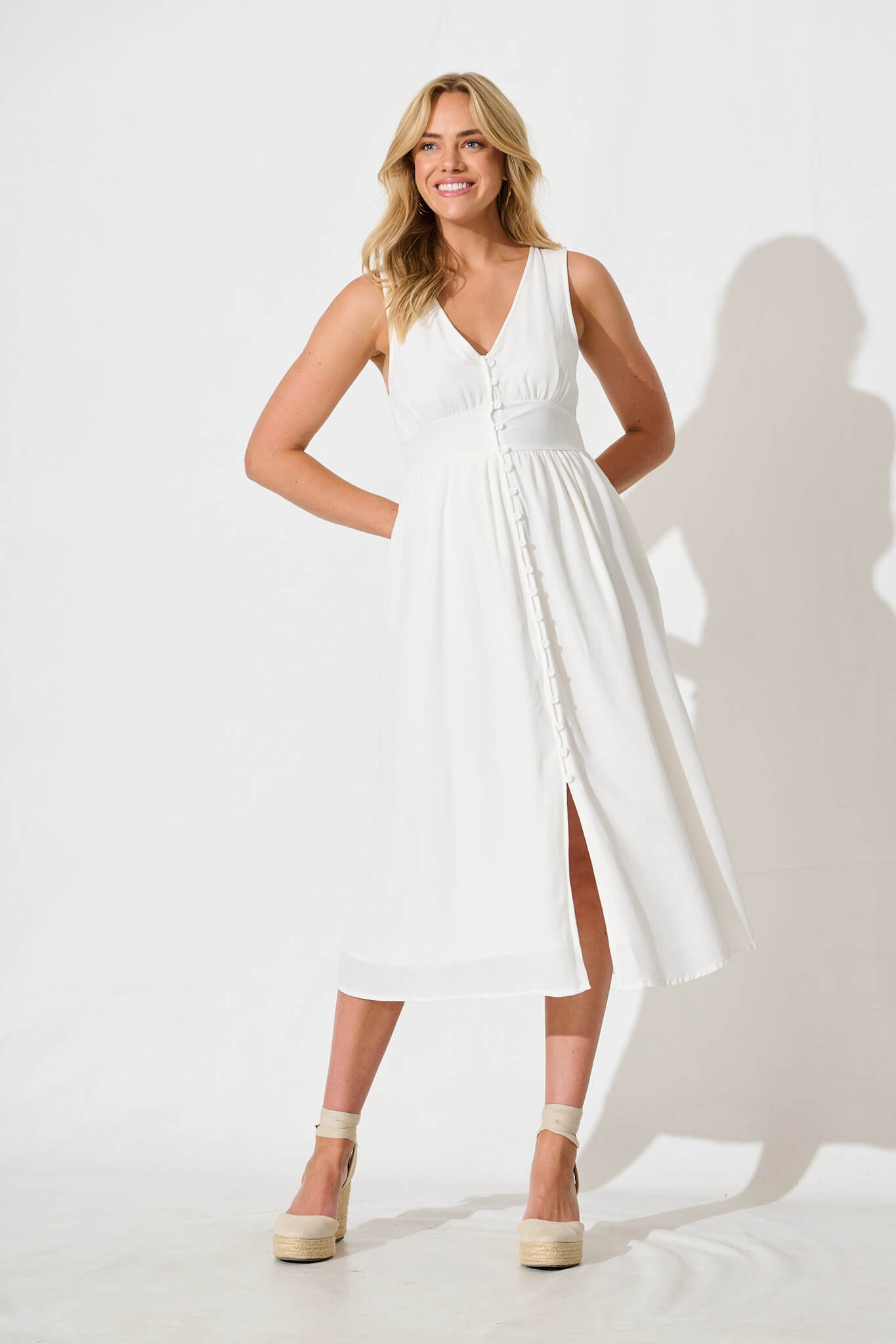 Ryland Midi Dress in White Linen Cotton