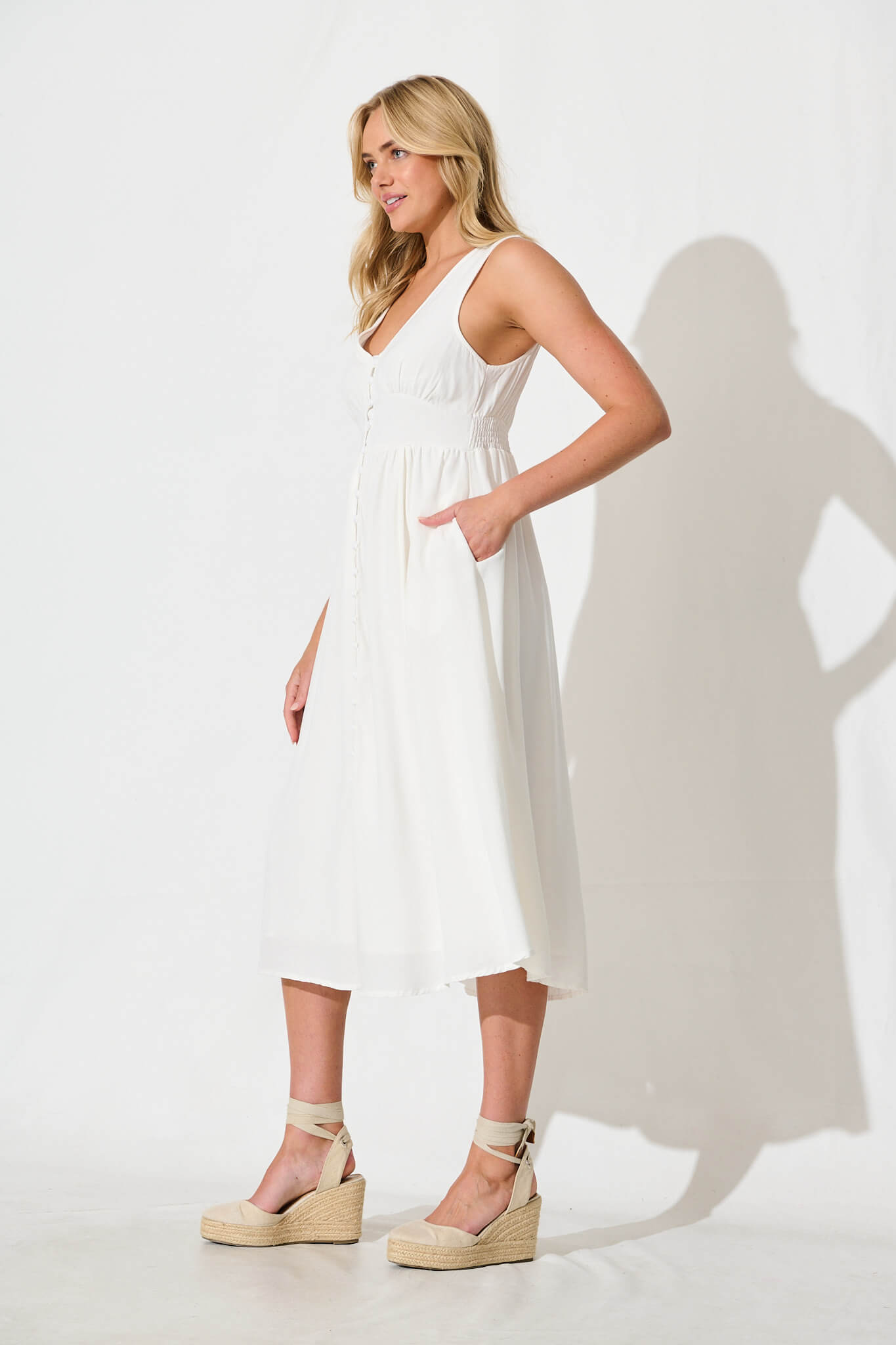 Ryland Midi Dress in White Linen Cotton