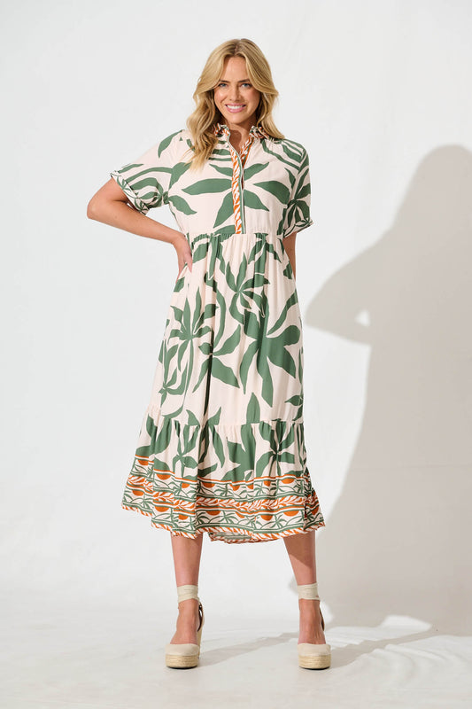 Elestria Midi Smock Dress in Cream with Green Leaf