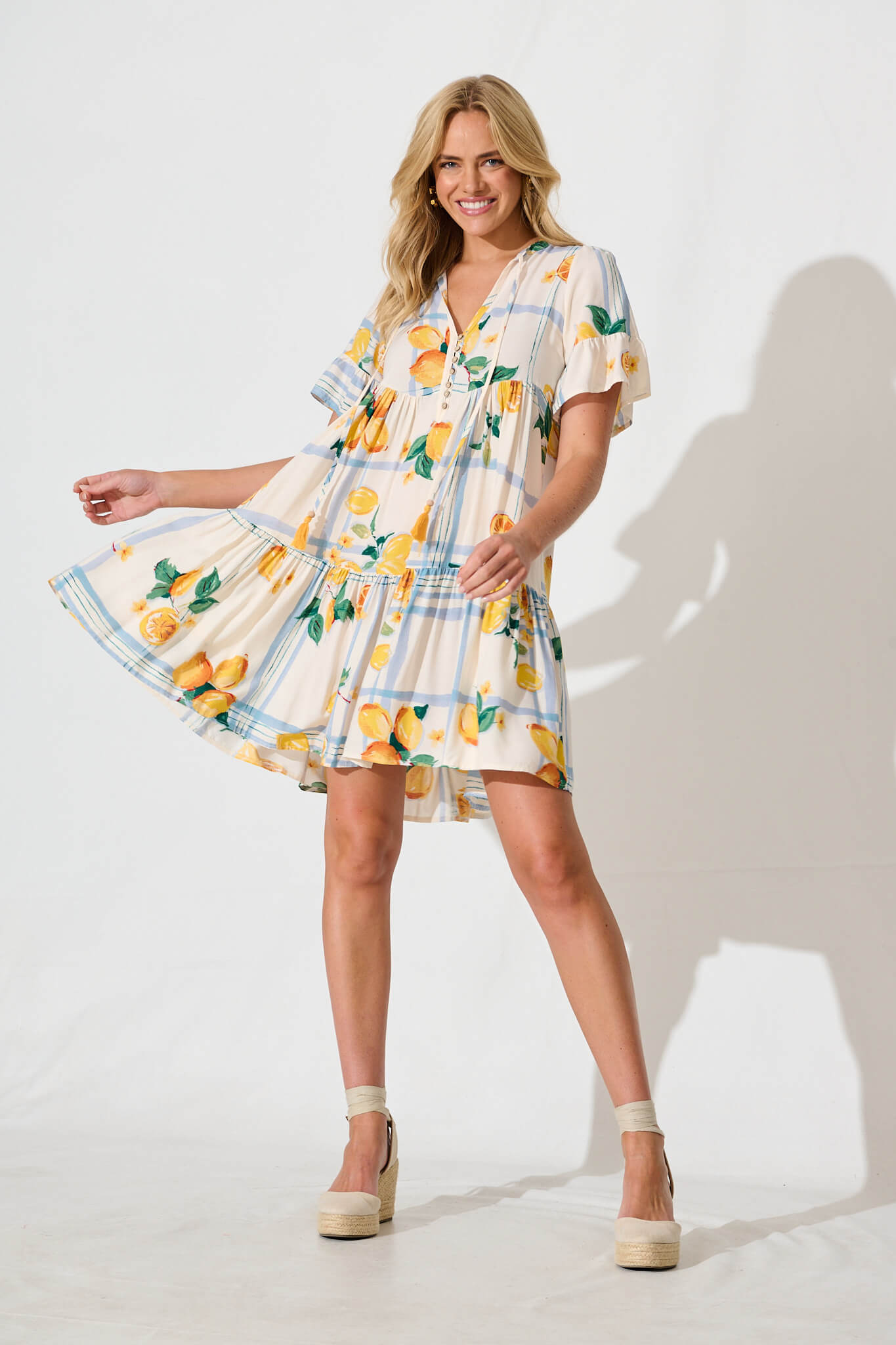 Tahnee Smock Dress in Ivory with Lemon and Blue Print