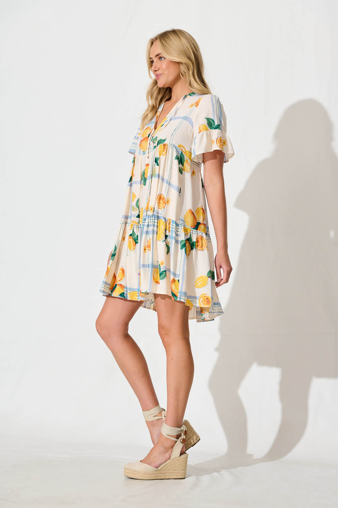 Tahnee Smock Dress in Ivory with Lemon and Blue Print