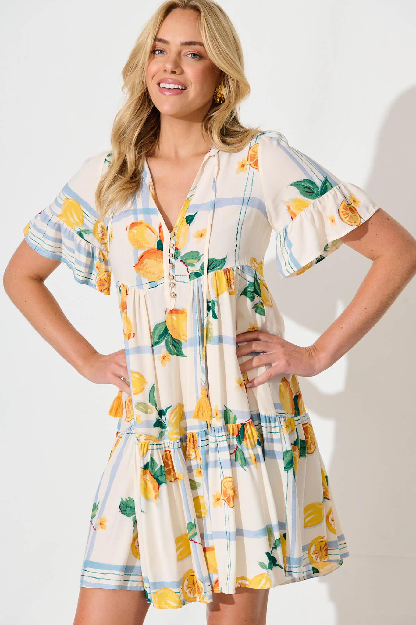 Tahnee Smock Dress in Ivory with Lemon and Blue Print