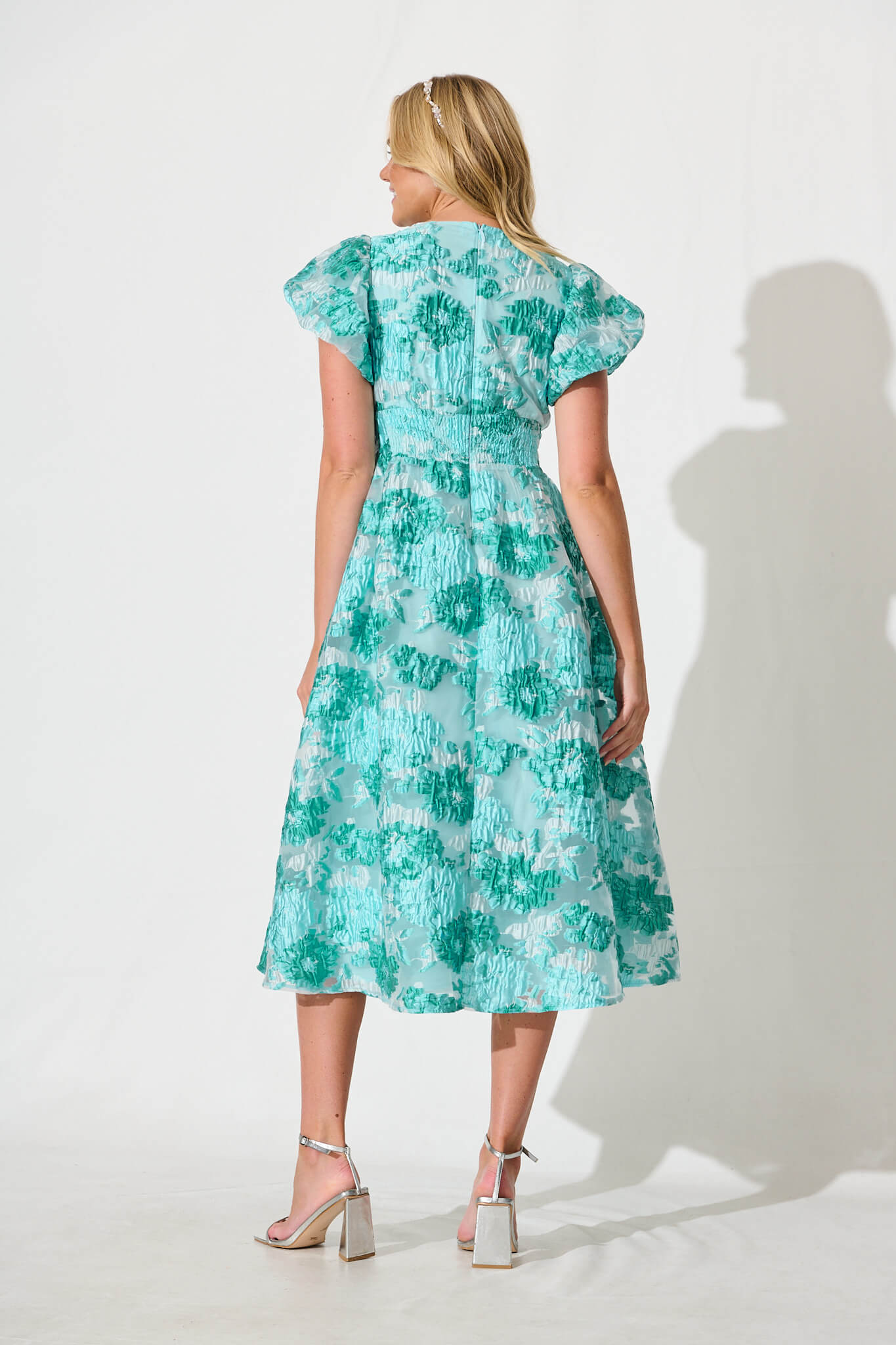 Cherish Midi Dress in Aqua Floral Organza Jacquard