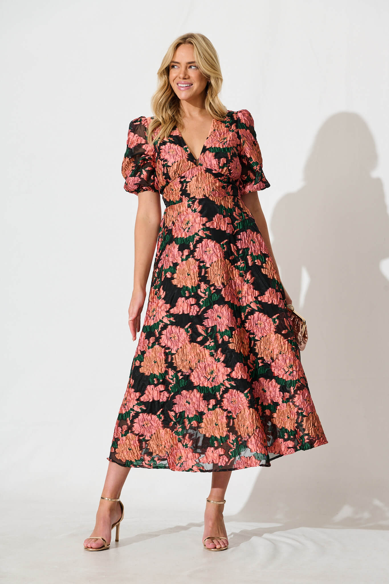 Opulence Midi Dress In Coral Floral Organza