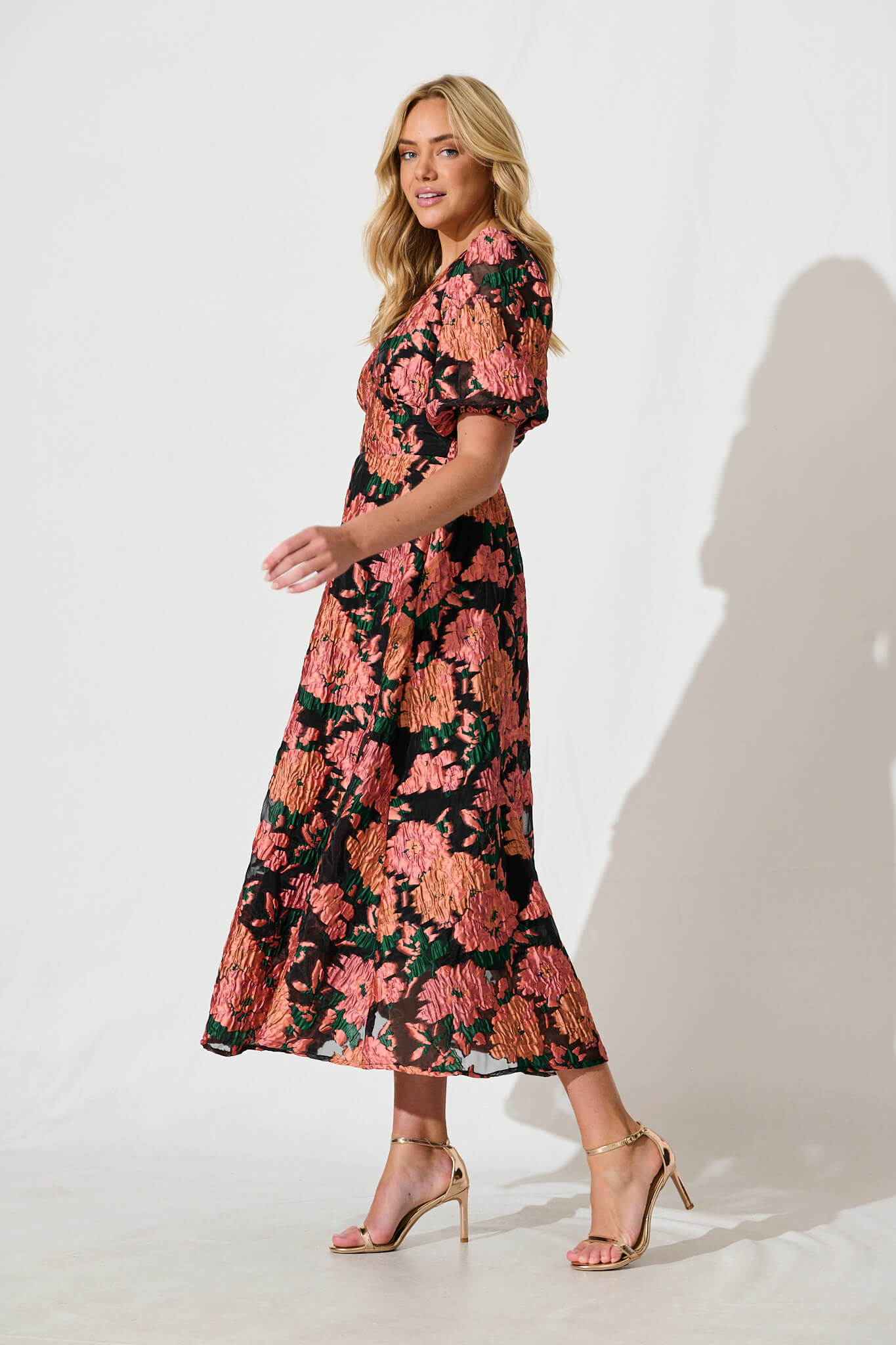 Opulence Midi Dress In Coral Floral Organza