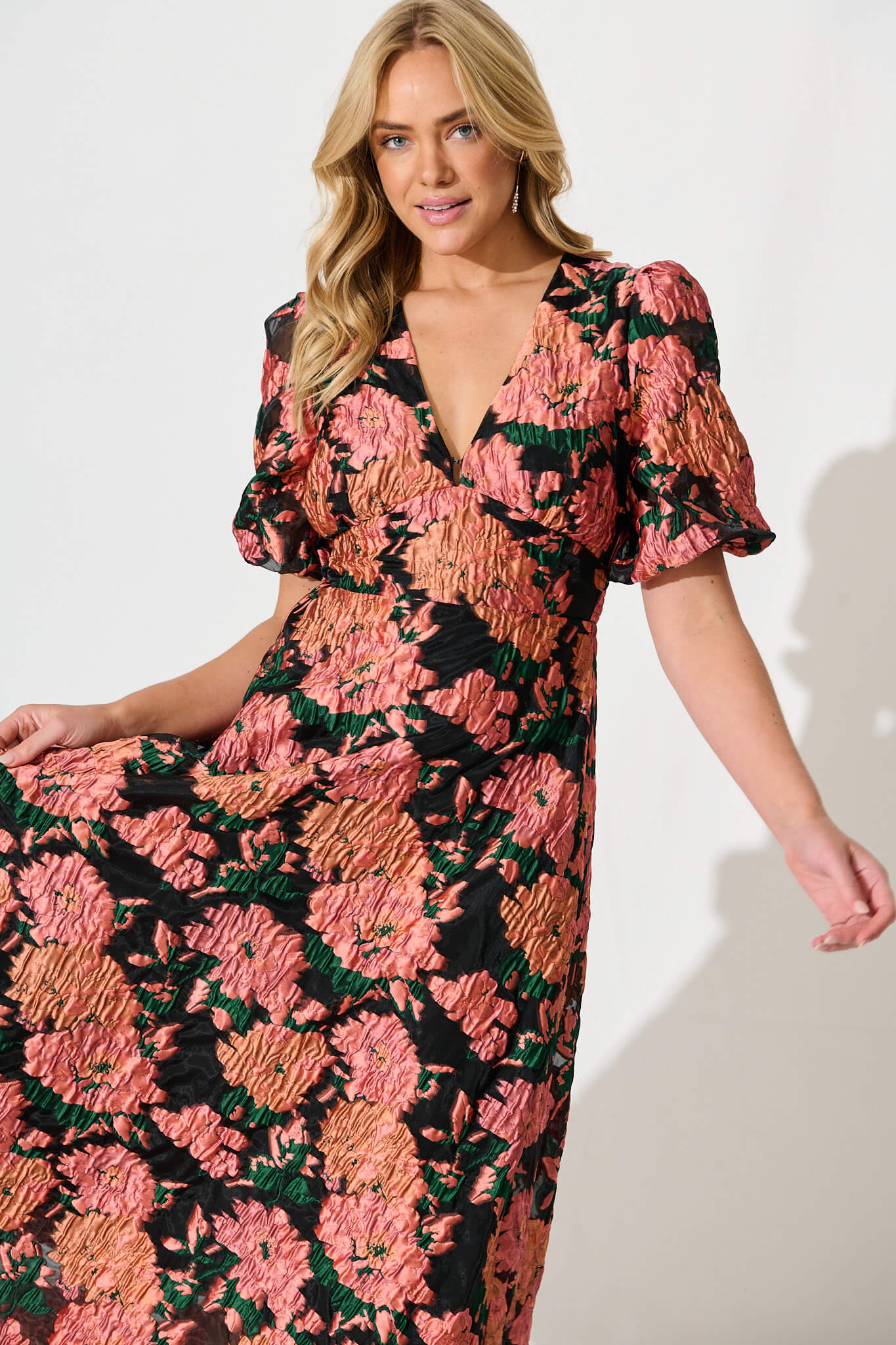 Opulence Midi Dress In Coral Floral Organza