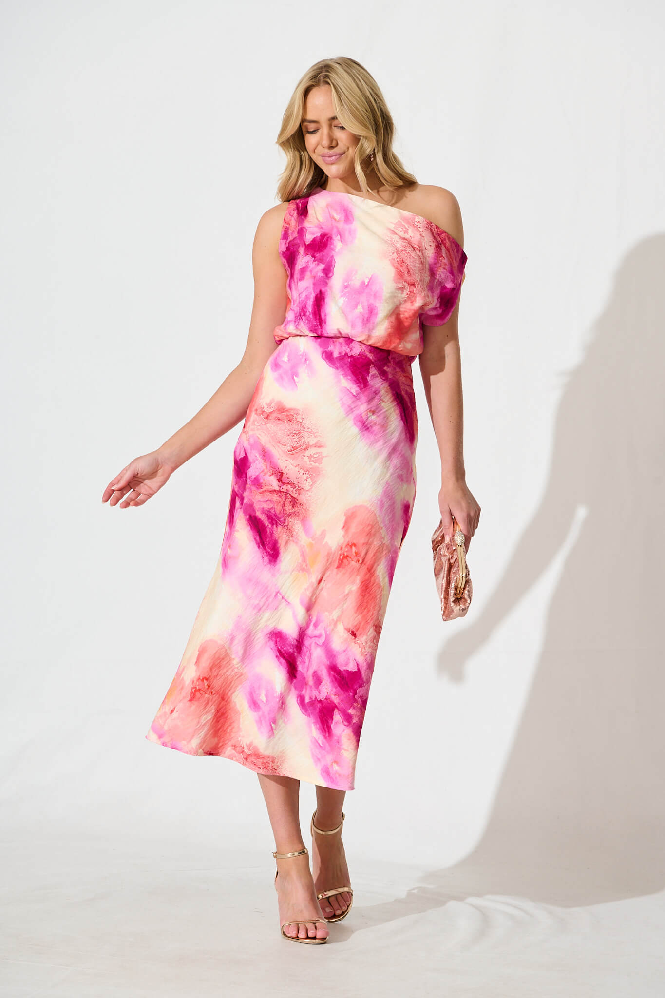 Georgiana Midi Dress in Magenta with Multi Watercolour