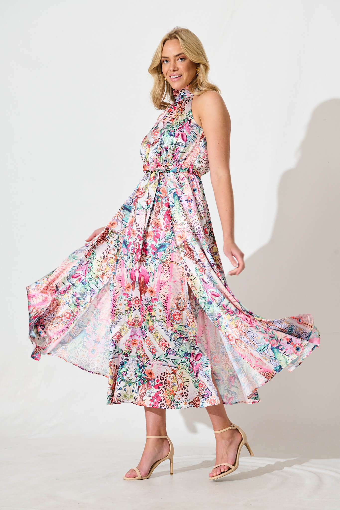 Kiss Me Halter Neck Maxi Dress in White Multi Satin