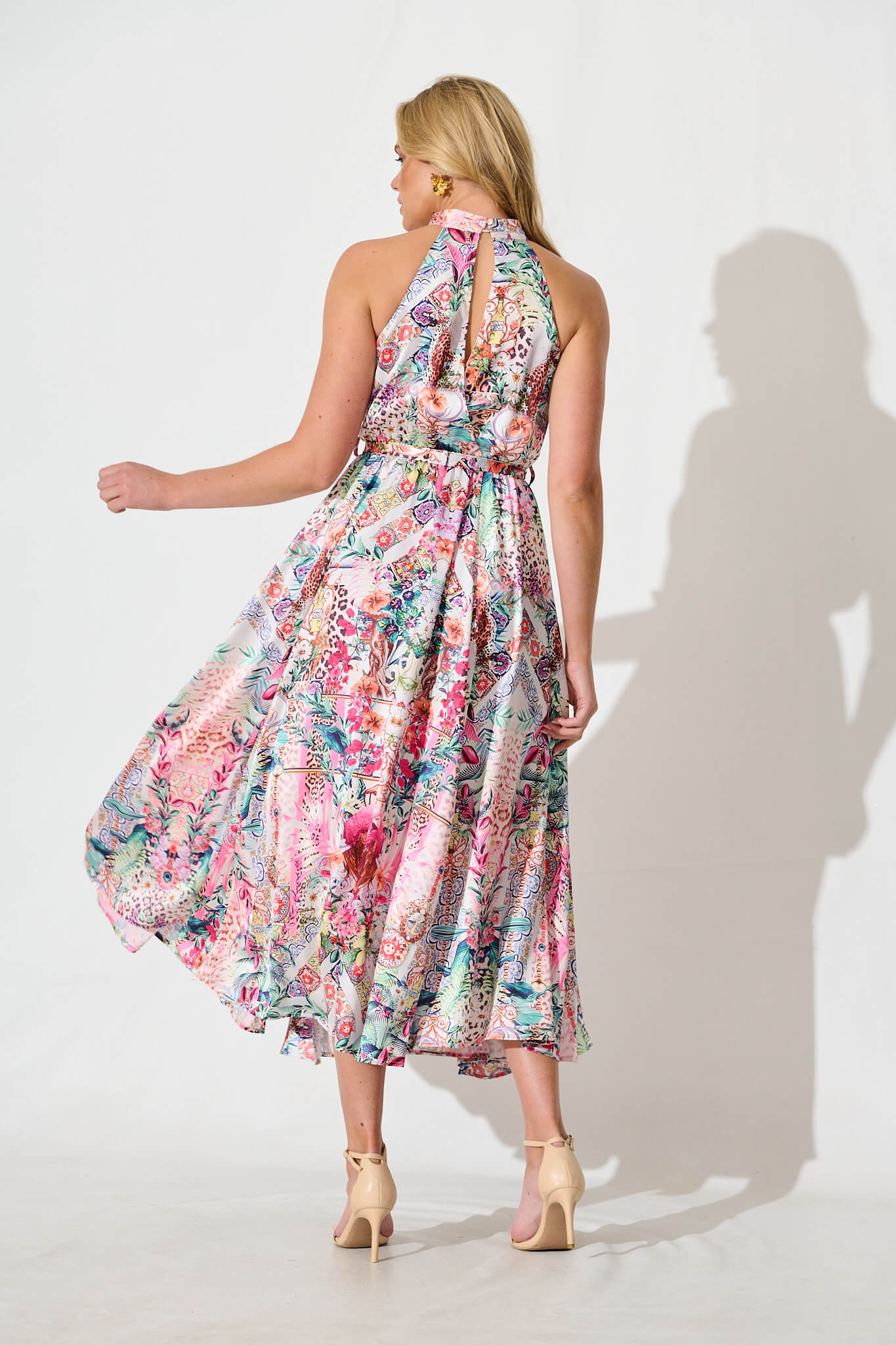 Kiss Me Halter Neck Maxi Dress in White Multi Satin