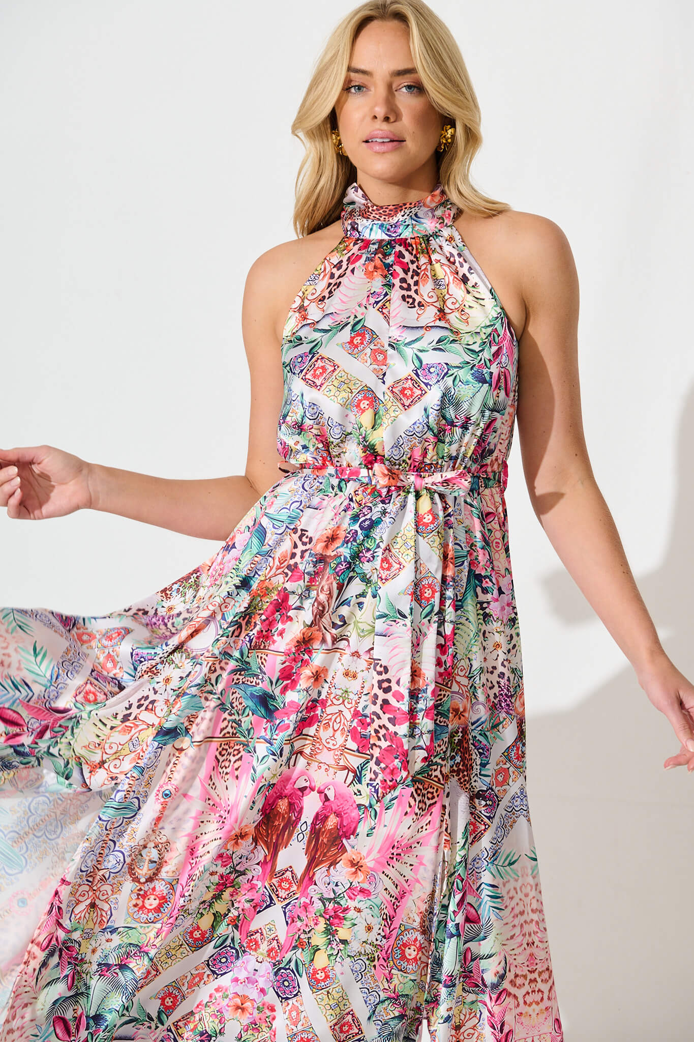 Kiss Me Halter Neck Maxi Dress in White Multi Satin