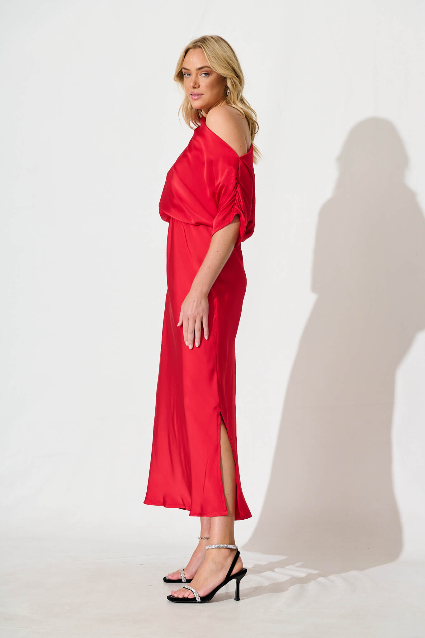 PRE ORDER Sarita Maxi Off Shoulder Dress in Red Satin