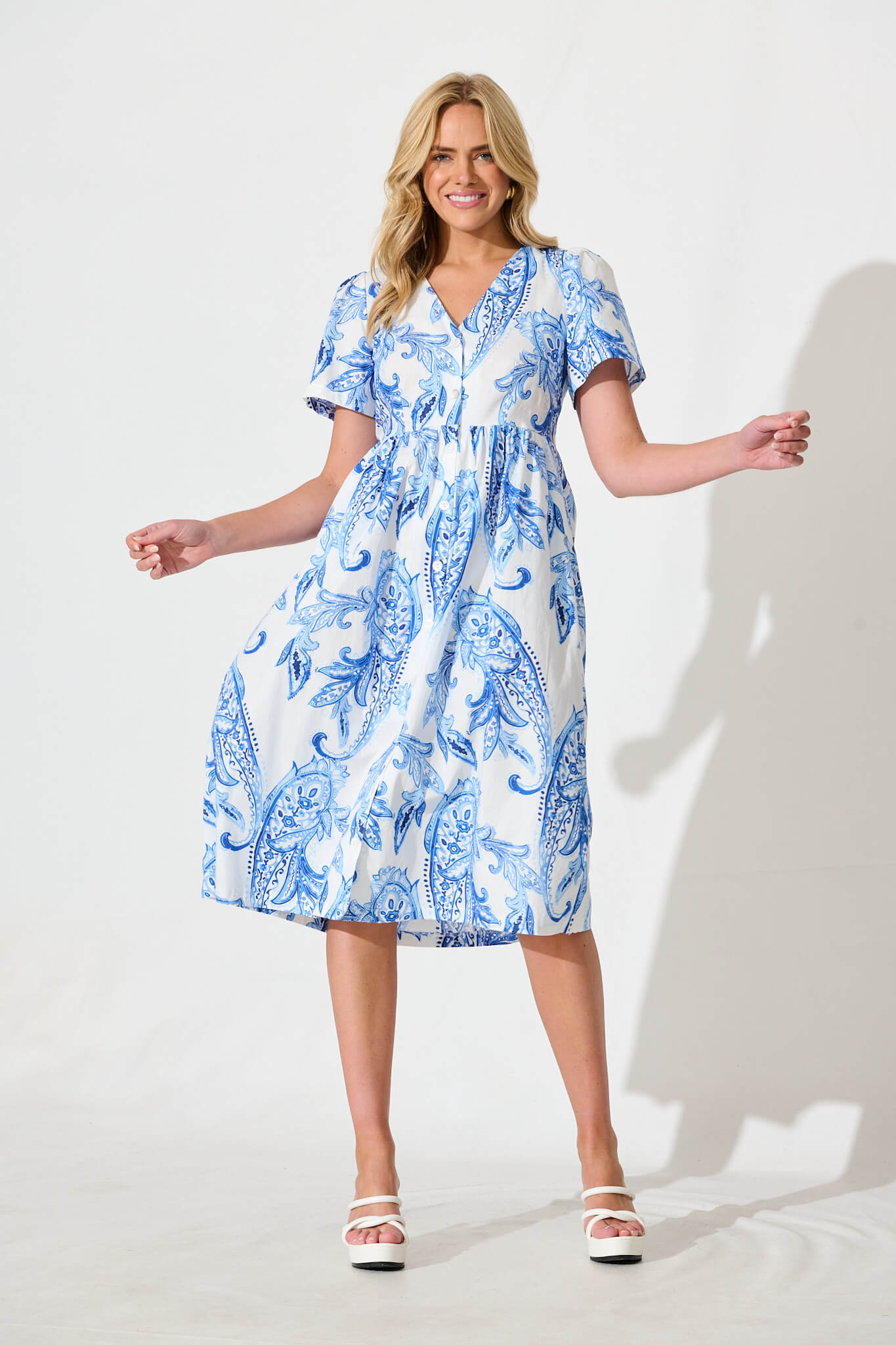 Riello Midi Smock Dress in Blue and White Paisley Cotton
