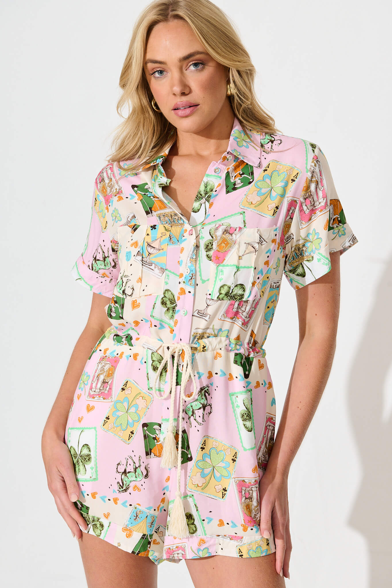 Bonito Playsuit In Cream And Pink With Multi Print