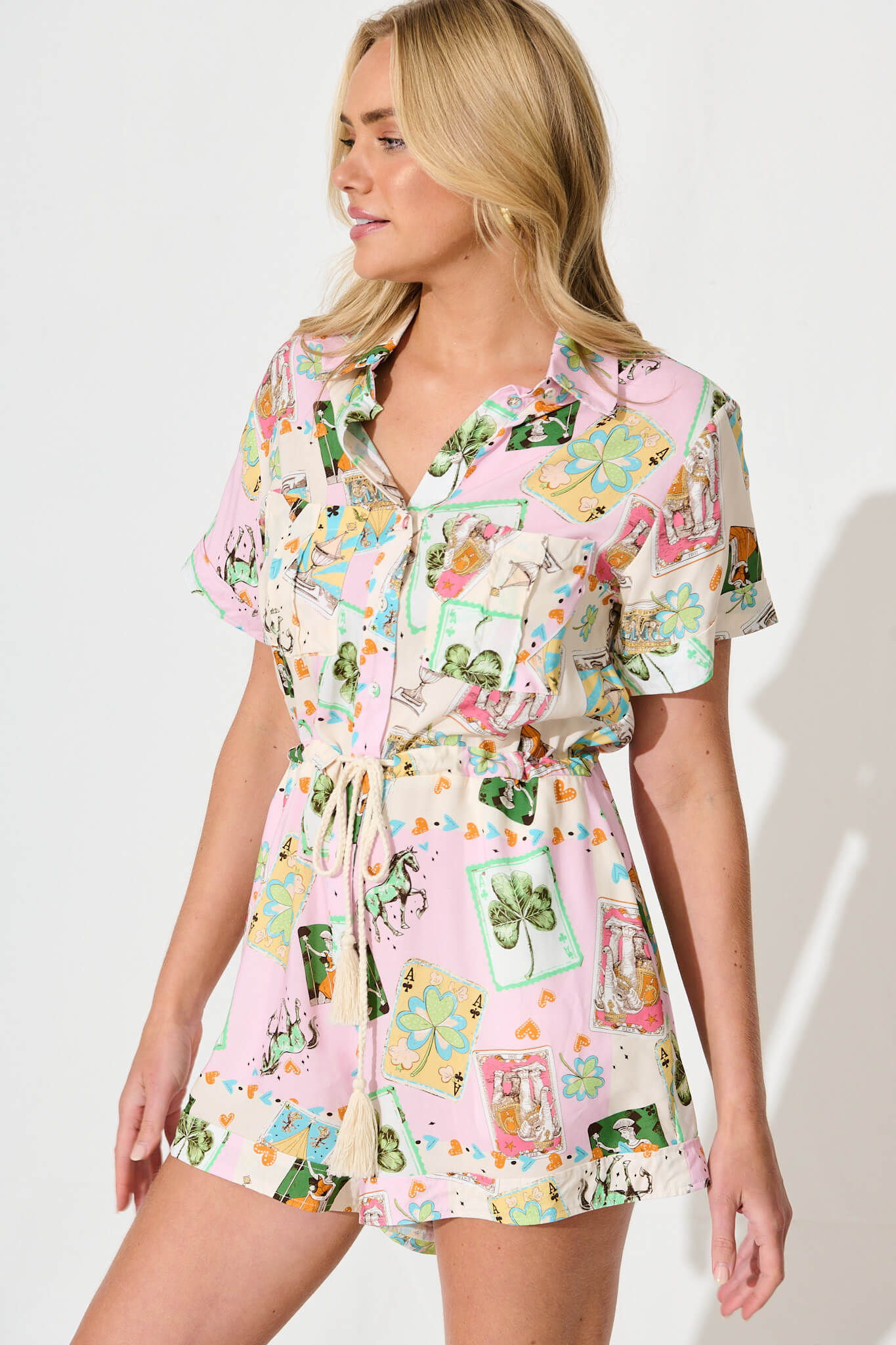 Bonito Playsuit In Cream And Pink With Multi Print