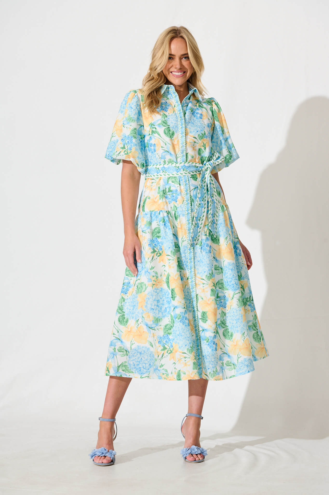 PRE ORDER Lovelife Maxi Shirt Dress In Blue Yellow Floral Linen Blend