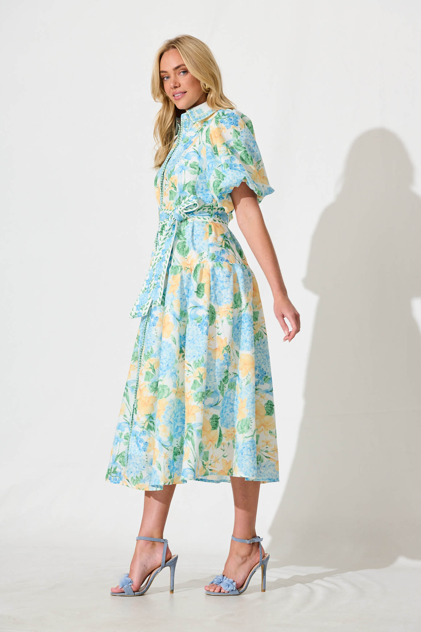 PRE ORDER Lovelife Maxi Shirt Dress In Blue Yellow Floral Linen Blend