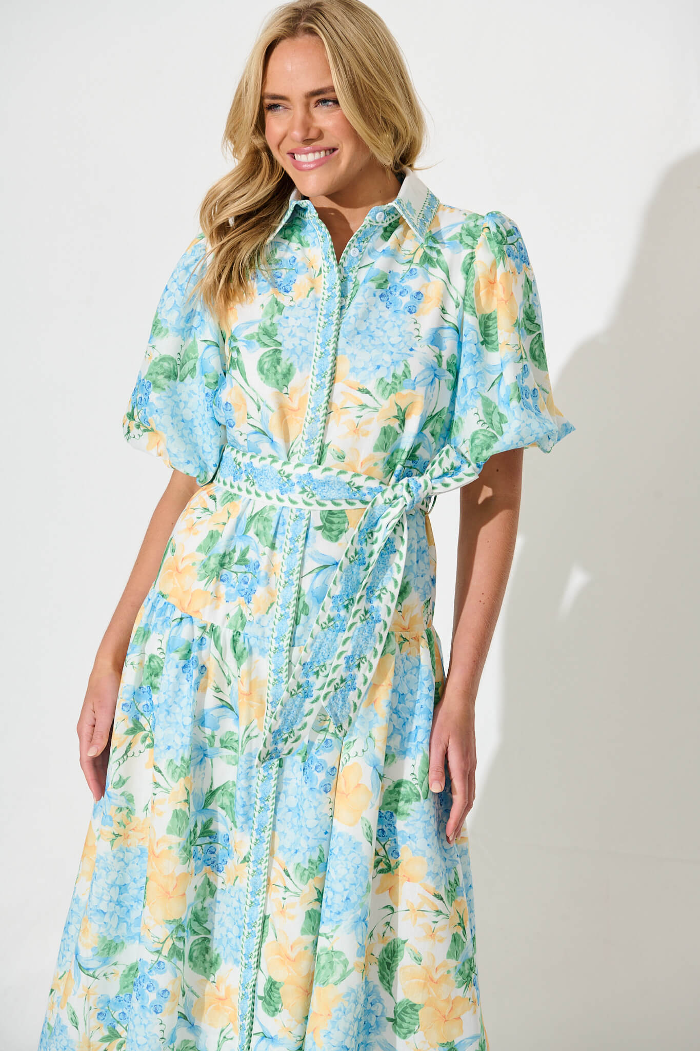 PRE ORDER Lovelife Maxi Shirt Dress In Blue Yellow Floral Linen Blend