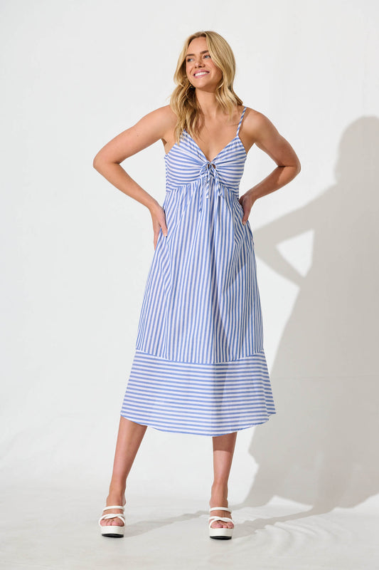 Miramar Midi Dress in Blue and White Stripe Cotton