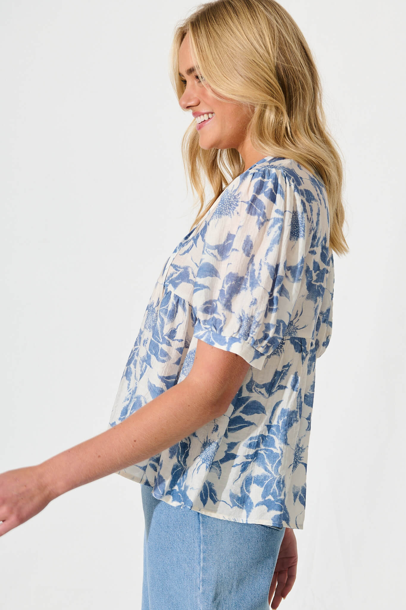 Nalini Top in White with Blue Flower