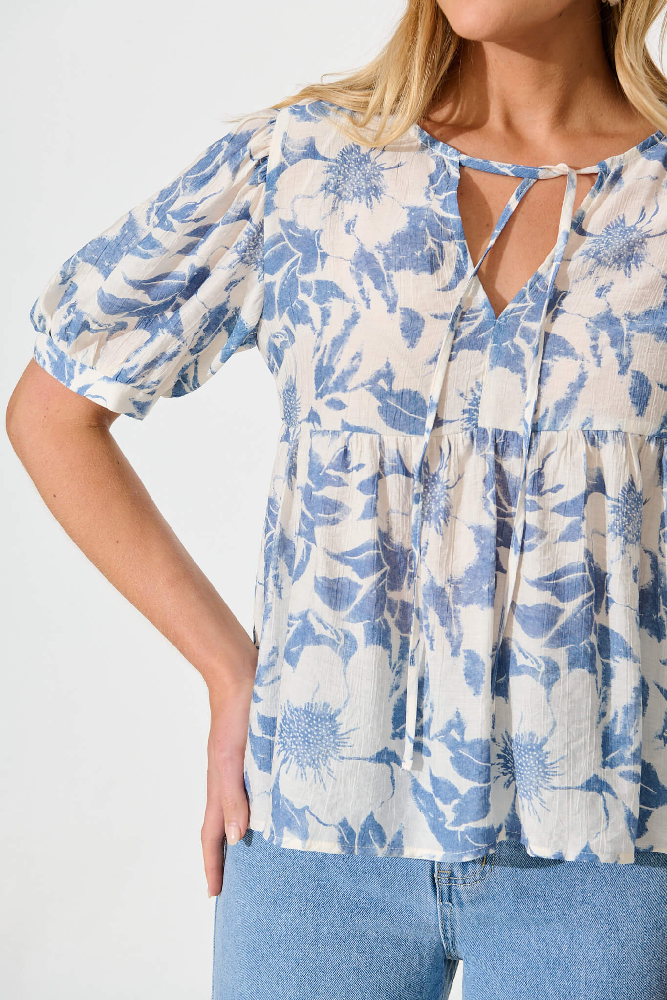 Nalini Top in White with Blue Flower