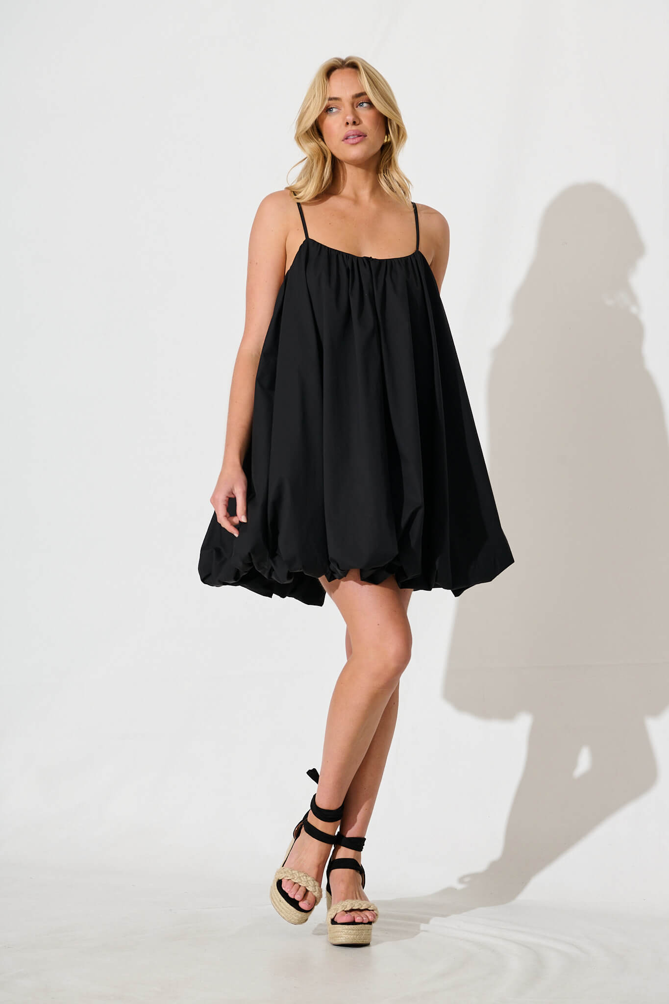 Bryson Bubble Hem Dress in Black Cotton