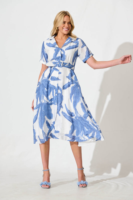 My Sweet Midi Shirt Dress In White With Blue Leaf Print