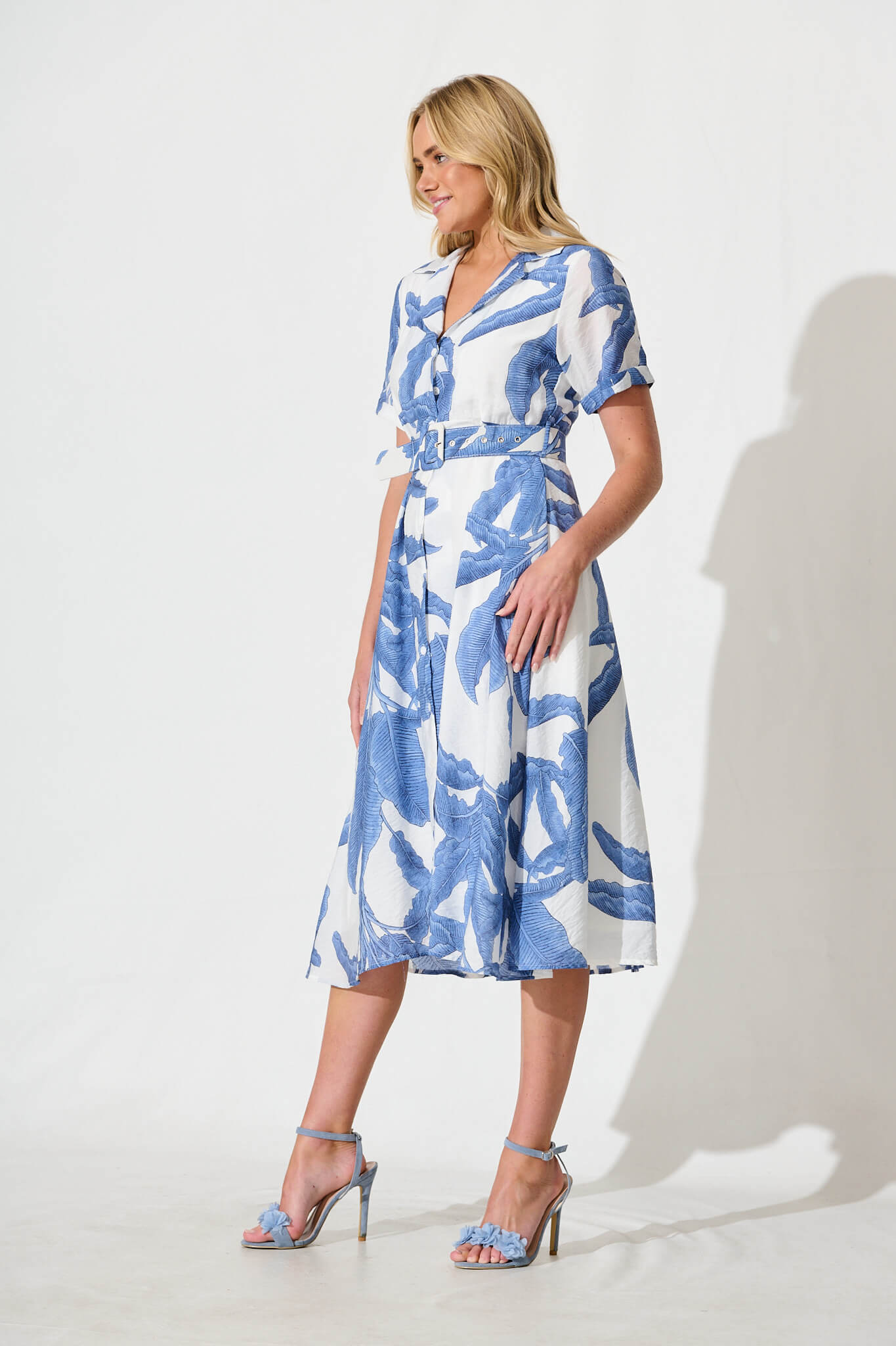 My Sweet Midi Shirt Dress In White With Blue Leaf Print