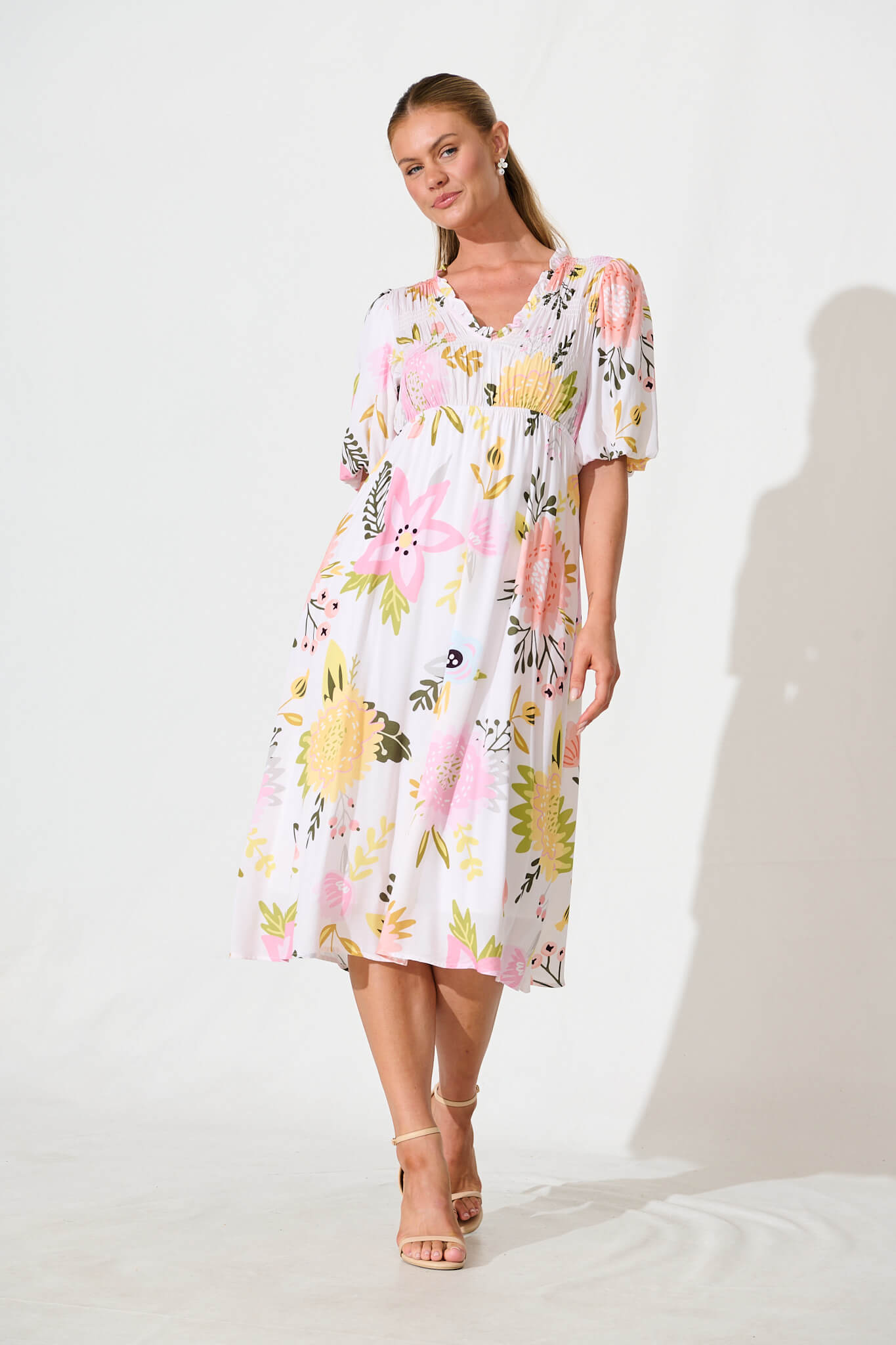 Zoisa Midi Dress in Cream Multi Floral